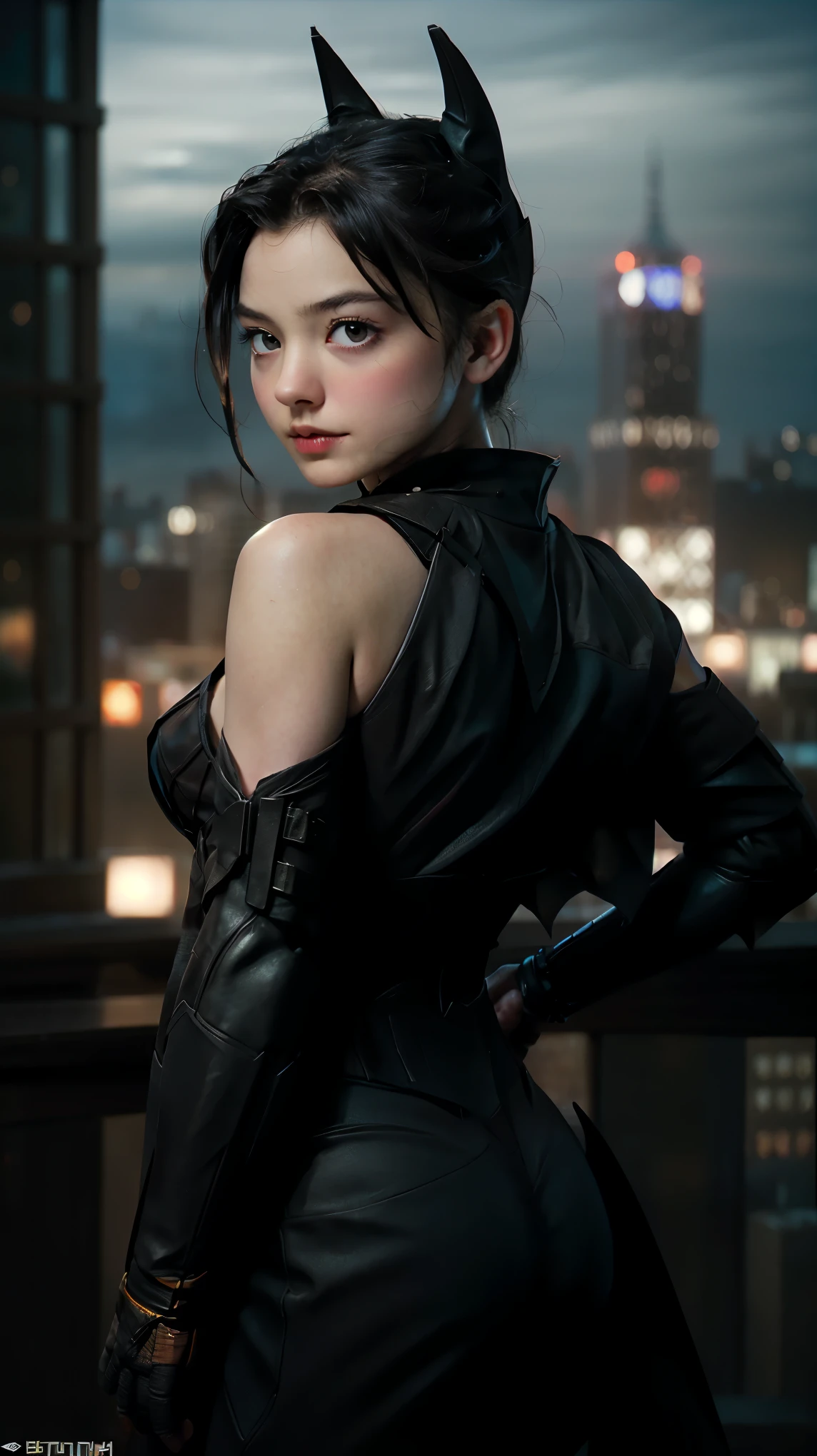 ((masterpiece, highest quality, High resolution, Realistic, born, 8k wallpaper)), (Huge and stunning goddess shot,((The whole body is facing forward)), Very hot and sexy, Amazing beauty, Perfect balance, Beautiful body, Slim body beauty: 1.4), 夜の街のスカイラインを見下ろす屋上に立つBatman, Gotham city background, nighttime in Gotham city, Gotham city, 映画Batmanから, Gotham city double exposure, Gotham city style, Batmanのフィルムスチル, metropolis filmic Gotham city, サイバーパンクBatman, Batman映画の静止画, Batman映画ではスチルシネマティック, Gotham setting, Batman, Gotham,