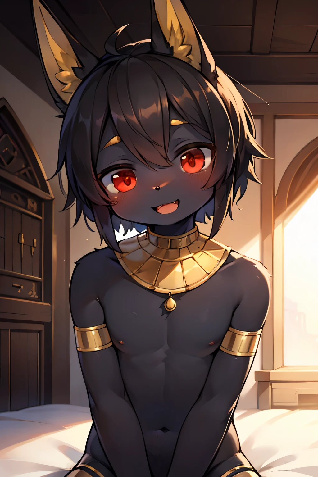 Best image quality, 4K, masterpiece, r, anubis boy, black and soft skin, red eyes, innocent boy, Cute and soft, young, Sacred Eye, Beautiful Hair, View Lens, Face Focus, smile, Delicate facial features, Front lighting, Front light source, Portraiture, Cute feeling, Excellent posture for capturing, Portraiture, male furry cub, tail, dynamic angle, open mouth, minuscule Egyptian antique clothes, cute sexy and almost naked, (detailed desert background), kemoshota anubis short statue boy