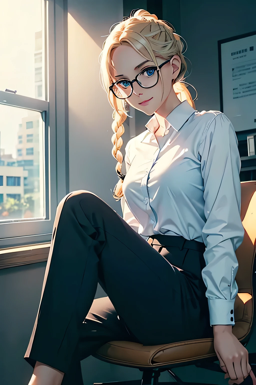 A beautiful blonde girl with braided ponytail, light blue eyes, round glasses, wearing white shirt, black pants, black loafers, sitting in office chair by window, bright happy expression, dynamic daytime lighting, photorealistic, 8K, high quality, detailed, vivid colors, cinematic lighting, beautifully rendered, elegant, professional, high fashion, intricate details, gorgeous, realistic, sharp focus