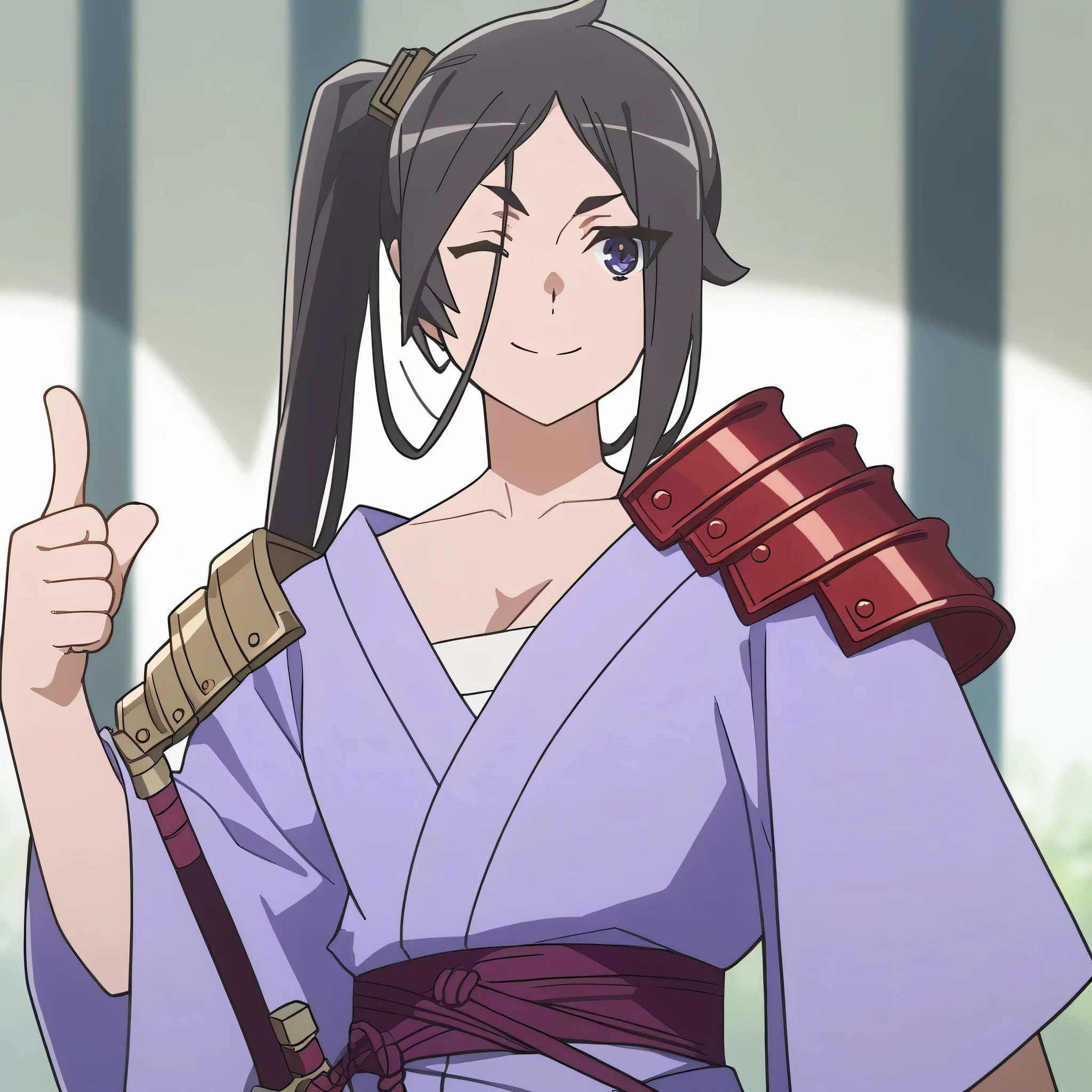 score_9, score_8_up, score_7_up, source_anime, yamato, side ponytail, purple eyes, purple kimono, sash, red shoulder armor, thigh boot, cleavage, smile, upper body, winking, one eye closed, close-up of thumbs up,