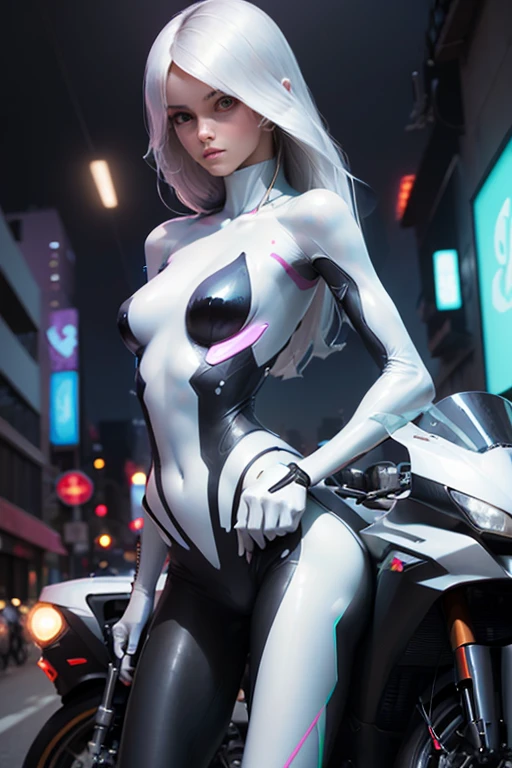 ((imagen de cuerpo completo de la mujer)), leotardo sexy blanco, Cybernetic body parts of the very malnourished anorexic woman (motocicleta futurista) posando levemente de atras, Ciudad Cyberpunk , luces de neon,