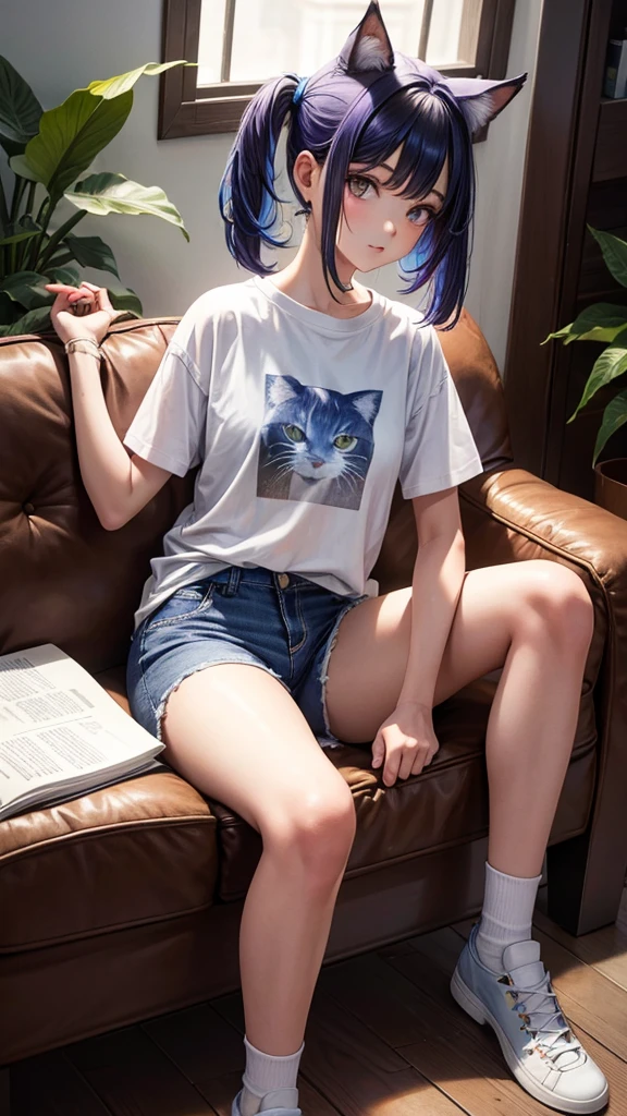 Una chica con orejas de gato del mismo color del pelo, de pelo corto, con una camiseta blanca muy ajustada,Looking at the camera,shorts jeans, cuerpo completo, con fondo, Sitting in a blue armchair