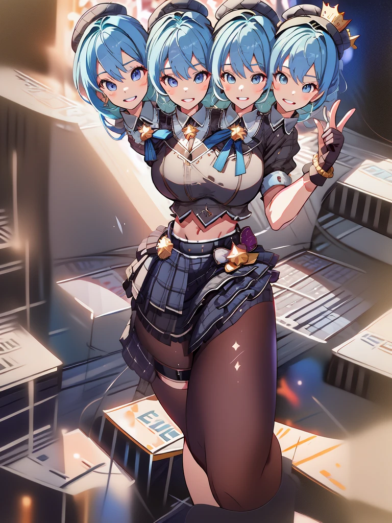 (masterpiece, best quality), best resolution, 16k, (2heads:2.0), close-up, 1girl, solo, HoshimachiSuisei, side ponytail, blue hair ribbon, SuiseiBase, plaid beret, crown, star earrings, plaid top, crop top, plaid miniskirt, layered miniskirt, partially fingerless gloves, star bracelet, exposed thighs , standing, (raise arms, two hands make peace sign, two hands close to head), (smile, close mouth, teeth), dacing, jumping, ((heads look at each other, cheek to cheek)), exciting, concert stage, starfield, spotlight, open belly, midriff, exposed midriff, bare thighs, sexy