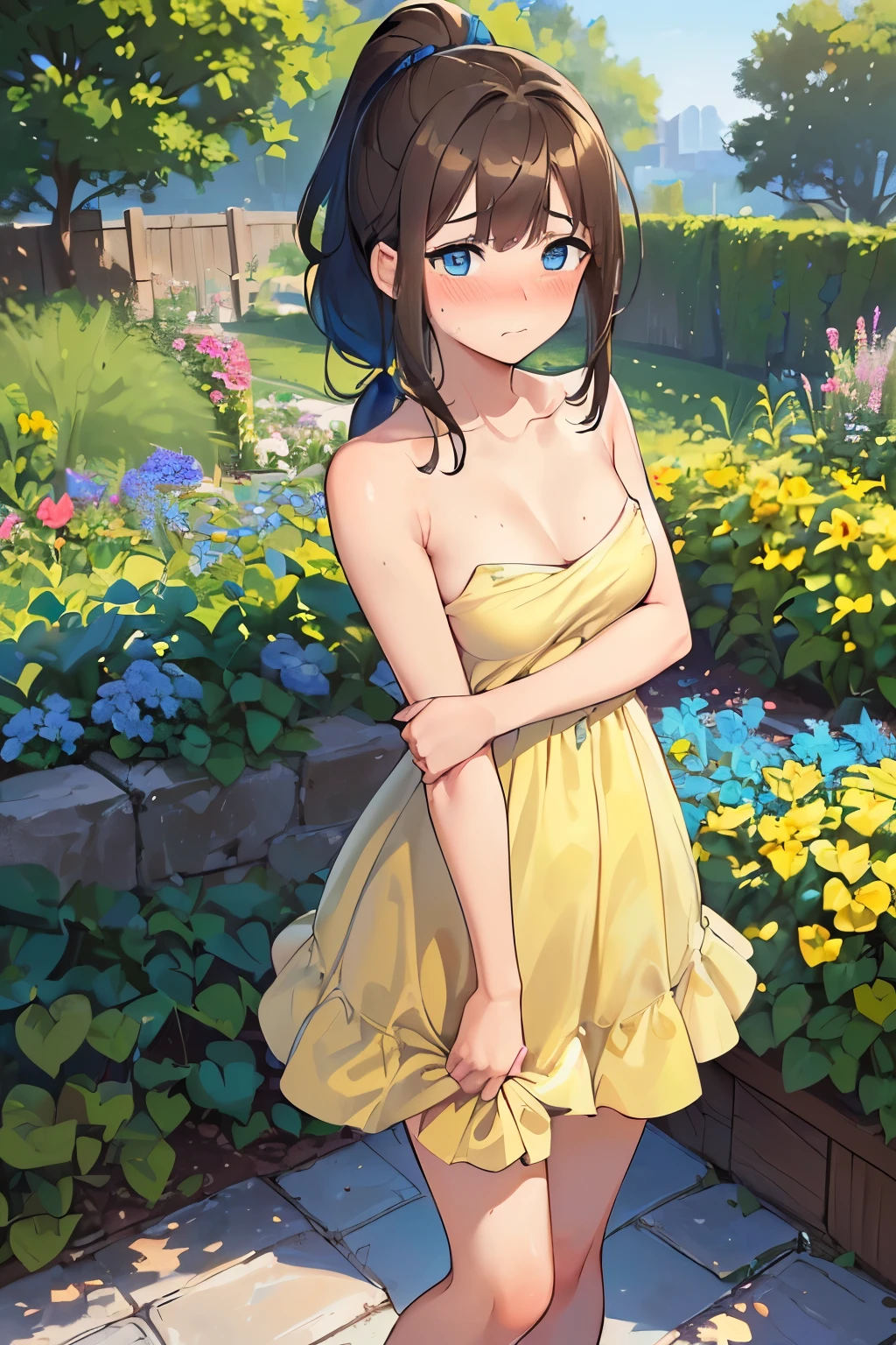 ((best quality)), ((masterpiece)), ((detailed)), (((perfect face))), (((18yo age girl))), ((((topless)))), (((medium breasts))), (((yellow sundress))), ((dark brown hair)), ((short ponytail)), (((((blue eyes))))), ((shy:1.3)), ((blushing:1.5)), (((bare arms))), (((bare chest))), (((garden)))), (((sitting on ground))), (((legs together))), ((((upskirt)))), (((white panties))), (((blue sneakers)))