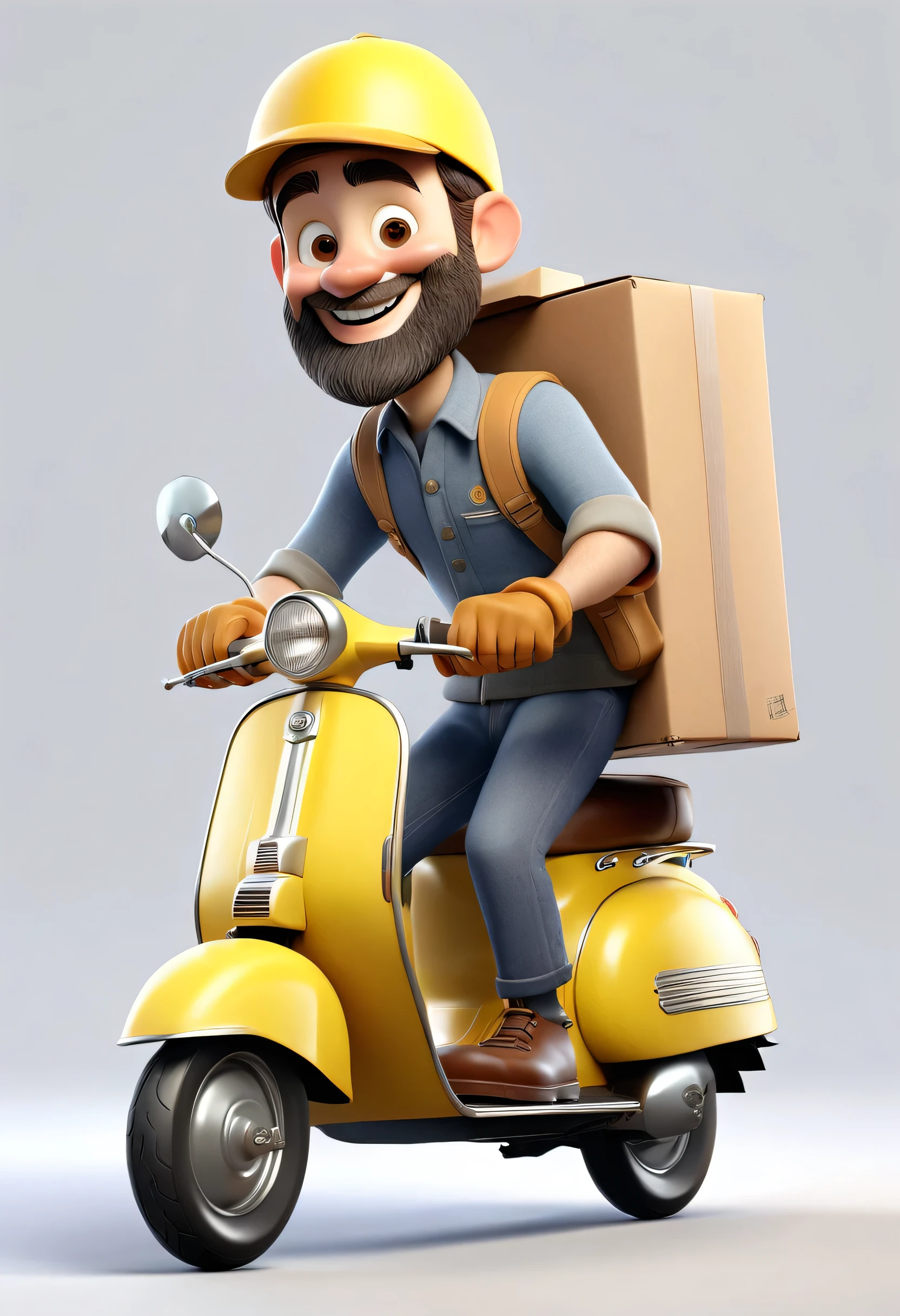 A cheerful Pixar-style 3D rendering of a delivery man riding a vintage yellow scooter, wearing a matching helmet and uniform. The person has a beard and a friendly smile, carrying a large box on the back of the scooter. The background should be completely white, with no other elements or details, ensuring there are no distractions from the character and the scooter. The style is colorful and slightly cartoonish, emphasizing the cheerful and dynamic nature of the delivery scene, the background should be completely white