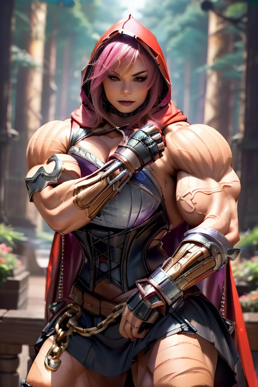 (((Massive, beautiful, light brown skinned, buff, muscular woman with shocking pink hair, black lipstick, ginormous bulky muscles and wearing a mechanized red riding hood cosplay with a beautiful long skirt))), {close view}, massive muscles, massive biceps, hyper muscle shoulders, vascular shoulders, hyper muscle triceps, (angled bob cut), red eyes, red hood cosplay, corset, long beautiful skirt, chain belt, choker, thigh high heels, (in a forest), fingerless gloves, closed smile, night, hyper vascular arm, hyper muscles arms, hyper muscle legs, massive arms.