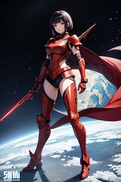 Anime drawings、Full body portrait、Red armored warrior from space science fiction、A female warrior of about 27 years old, about 160cm tall, wearing red armor, walking with a long spear in her right hand.、Smiling with mouth closed、Hairstyle: Short bob、Black Hair、Dark Eyes、Arm guard、Leggers