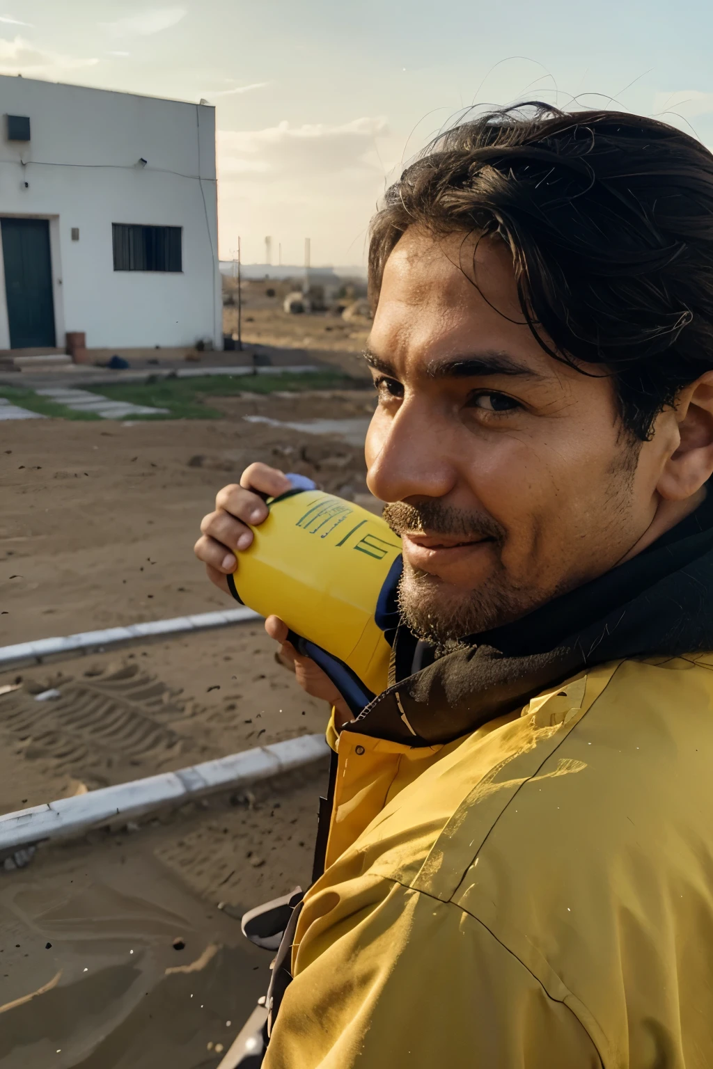 I want you to generate an image for me with the following text "FELIZ DIA DEL MAESTRO" with a surveyor image in the background