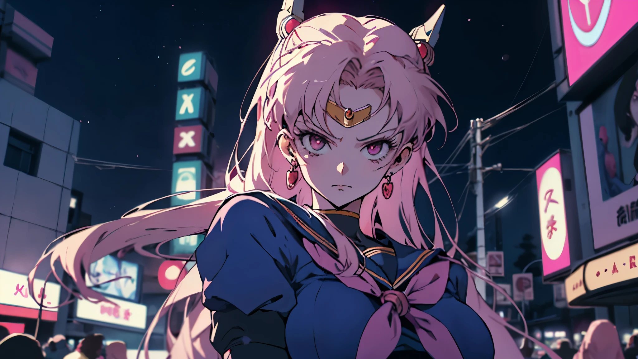 Desenhe uma colegial comum de anime em uma cidade noturna. She is wearing heavy makeup . She is near an alley in a dark retrowave neon city, angulos diferenciados, estilo anime, encostada na parede, segurando celular, com mochila nas costas, cabelo curto, maquiagem forte, Closed scenario, pouco amplo, detalhado, High definition,  fundo detalhado, evangelion, taiho shichauzo, konosuba, sakura, sailor moon, nami, epic, efeitos especiais, rev animated,  unreal foto cute anime grirl, cute, aproximada, inteiro, desenho, mango, night , retrowave scene, anime, 16x9, city night, estudantes, fliperamas,  com pouca roupa, Photogenic, exibicionista, 2d, colorido, arcade, uma garota em uma cidade, personagens de anime, anime style, 2d, desenhado, not 3d, unrealistic, garota colegial japonesa, anatomia perfeita, voluptuosa, sexy, linda, beautiful proportions, roupas estravagantes, enormes boobs,