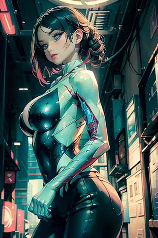 1female,35yo,Slim,extremely large bosom,Big breasts Thin waist,long leges, solo,(Background with:,Cherry blossom forest,Cyberpunk-city)Run, She has short black hair,seen from the front, Twist braids, mostly cloudy sky,(((tmasterpiece),(Very detailed CG unity 8K wallpaper),best qualtiy,cinmatic lighting,detailed back ground,beatiful detailed eyes,Bright pupils,Black eyes,Snow-whiteskin,Redlip(Very fine and beautiful),(Beautiful and detailed eye description),ultra - detailed,tmasterpiece,))facing at camera,A high resolution,ultra - detailed),Spidey,Wear a futuristic Iron Man mech,Blue and red color scheme,
