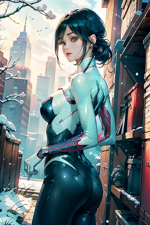 1female，35yo，Slim，extremely large bosom，Big breasts Thin waist，long leges， solo，（Background with：，Cherry blossom forest，Cyberpunk-city）Run， She has short black hair，seen from the front， Twist braids， mostly cloudy sky，（（（tmasterpiece），（Very detailed CG unity 8K wallpaper），best qualtiy，cinmatic lighting，detailed back ground，beatiful detailed eyes，Bright pupils，Black eyes，Snow-whiteskin，Redlip（Very fine and beautiful），（Beautiful and detailed eye description），ultra - detailed，tmasterpiece，））facing at camera，A high resolution，ultra - detailed），Spidey，Wear a futuristic Iron Man mech，Blue and red color scheme，