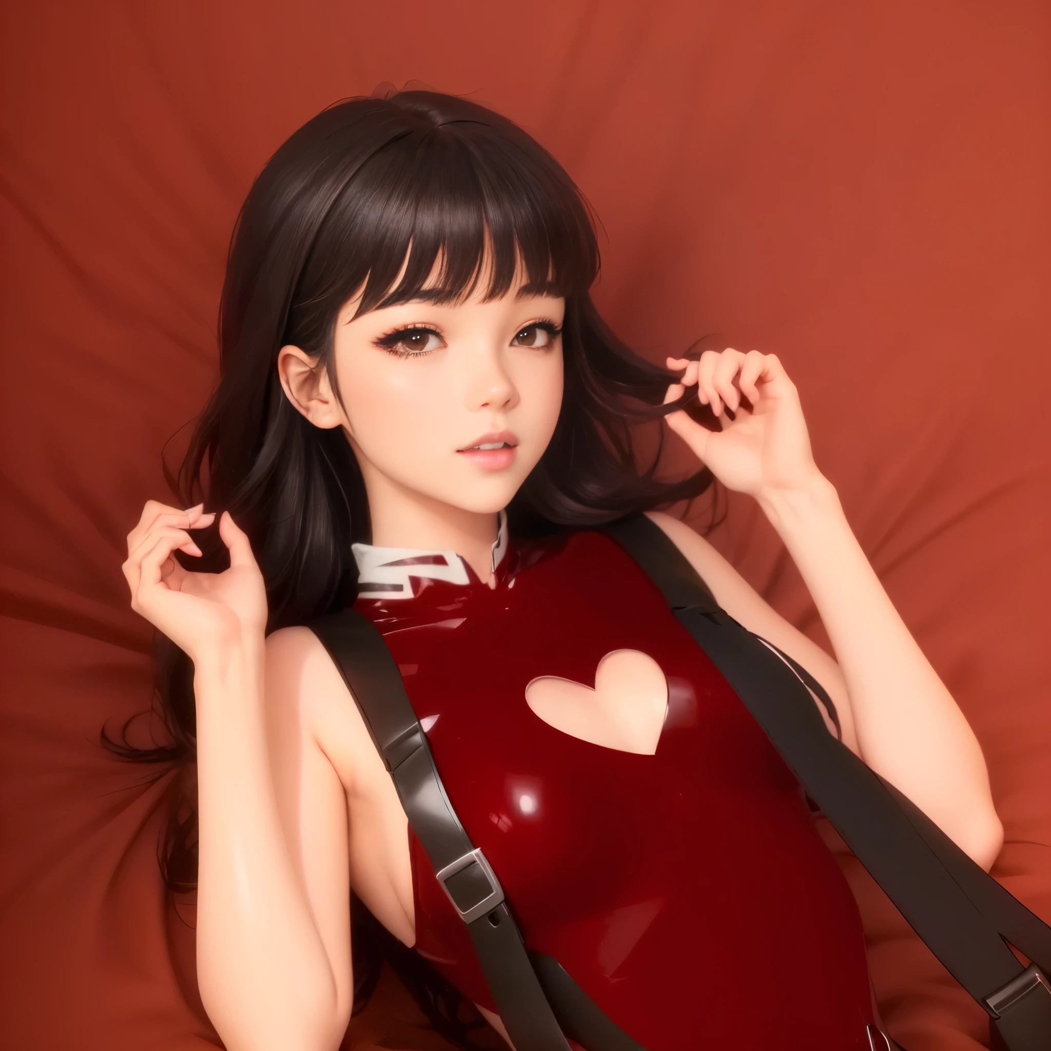 Anime Girl in red latex outfit with black suspenders and a heart cut out, Tonosaka Rin, seductive Anime Girl, Produced in collaboration with Anime Painter Studio, attractive Anime Girl, Smooth anime CG art, 3d Anime Girl, In the anime painter studio, Realistic anime art style, Anime Girl, Anime style 3d, realistic young Anime Girl, Realistic anime 3D style