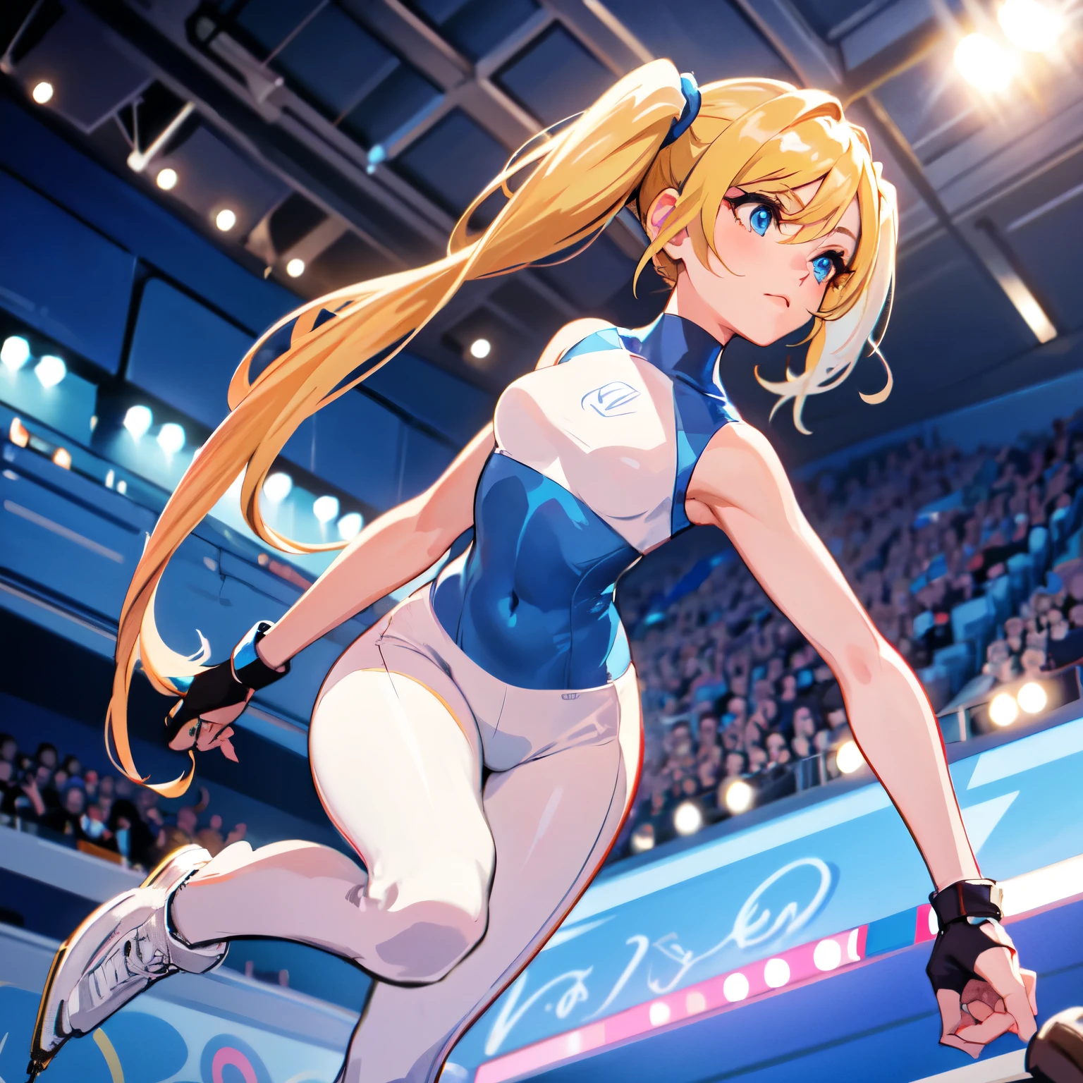 solo, bodysuit, skindentation, figure skating, ice skating, strike a pose, elegant, from below, foreshortening, spotlights, silhouette, dramatic lighting, bubbles, stadium, crowd,, (bubbles), (blonde hair, blue eyes, short twintails, pigtails)