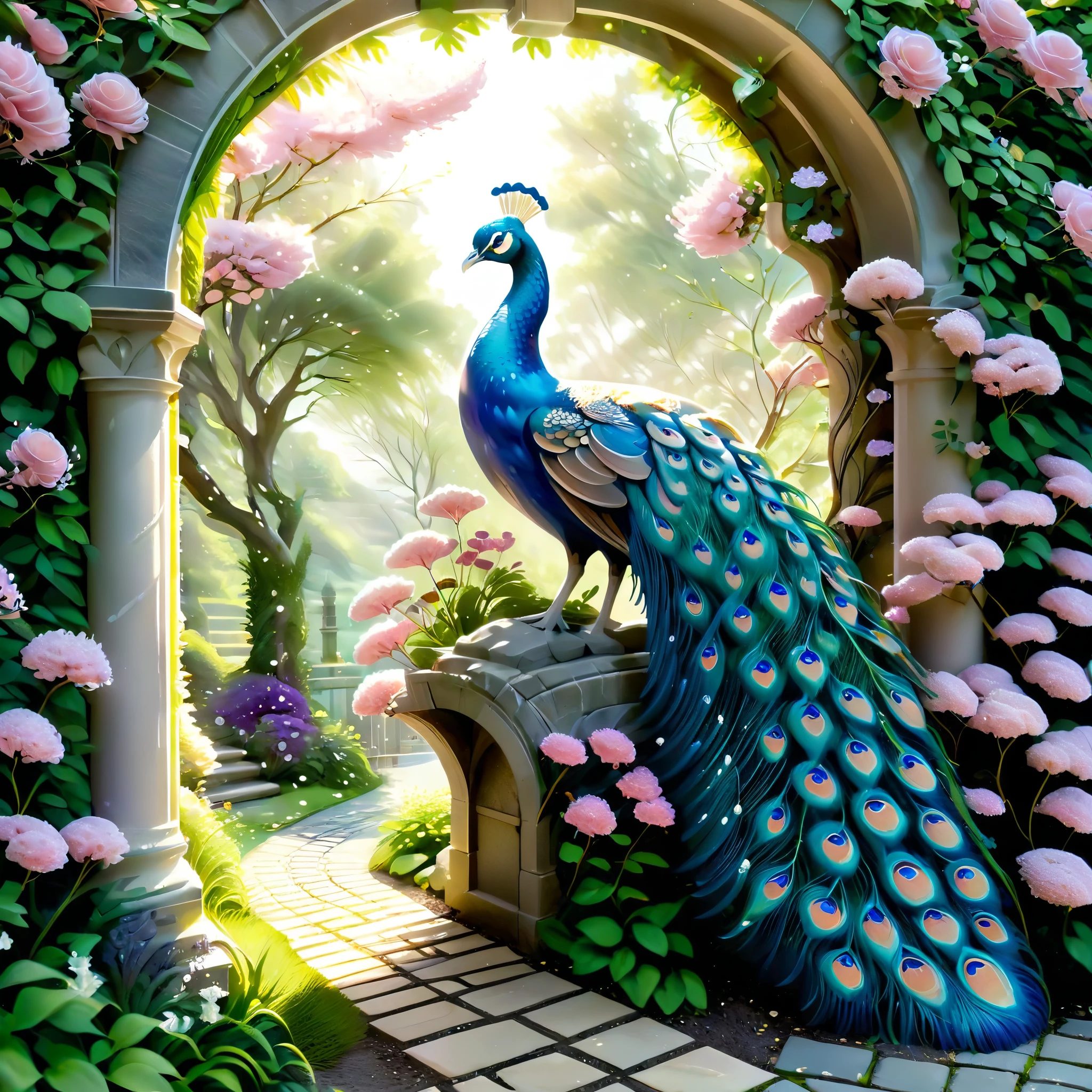 A vibrant and detailed depiction of a peacock with its feathers fully fanned out in an enchanted garden. The peacock's feathers showcase brilliant shades of blue and green with eye-catching patterns. The garden is lush with an array of colorful flowers, including pink, purple, and blue blooms, and well-manicured bushes. Towering, blossoming cherry trees with pink flowers arch over the scene, and the sunlight filters through the foliage, creating a magical, glowing ambiance. In the background, there are intricately designed stone pathways and ancient stone urns, adding a touch of historical elegance. The atmosphere is dreamy and serene, capturing the beauty of nature in full bloom.