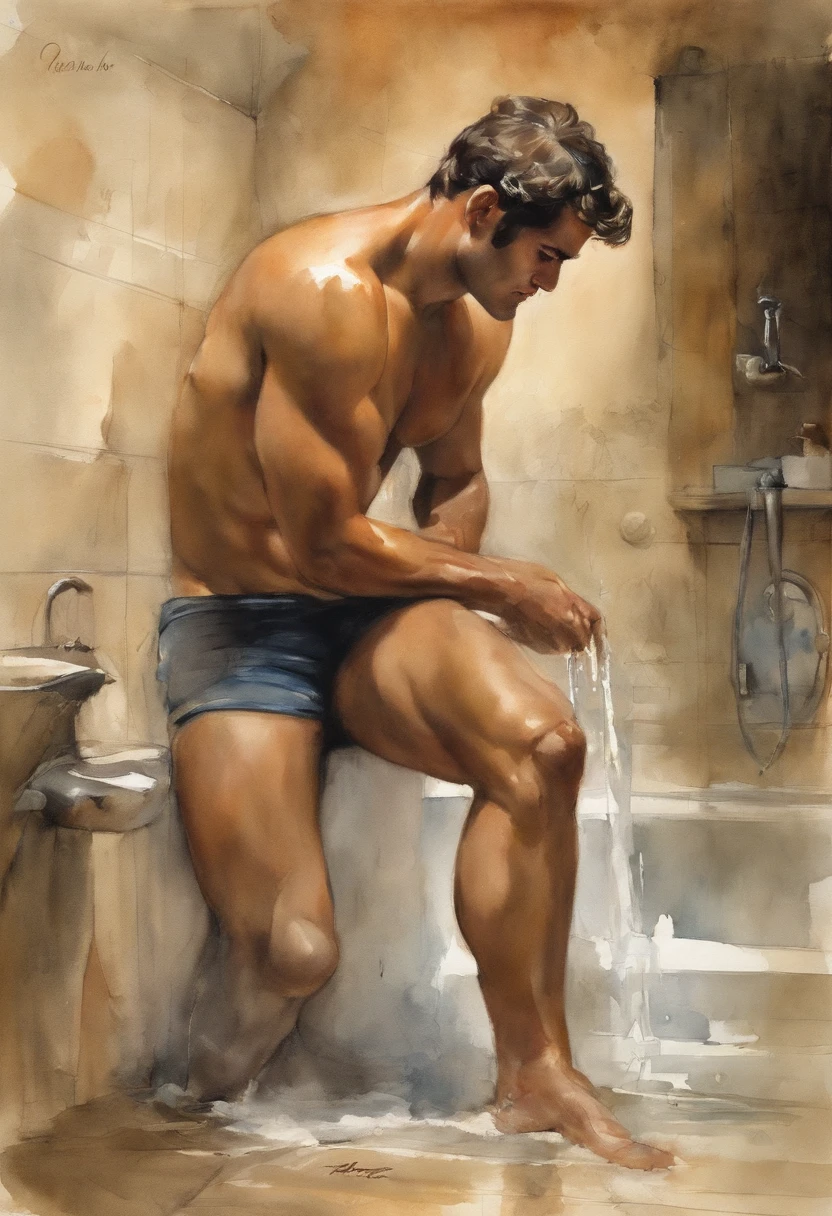 contorno, Estudo da figura masculina de 20 anos, Joven atleta musculoso, standing, corpo robusto completo, completamente nu, totalmente , , Resignation, Au natural, Cubra a virilha com uma toalha branca, apenas traseira, Crowded gym shower with water jets and men showering in the background, Bolos, Por Harry Bush, James Montgomery Flagg e Lois van Baarle e Jim French e RossDrew, Olhos realistas detalhados, large bare feet, large lump in the groin, muito bonito, lindo. Asas de anjo angelical. Aquarela tinta manchada e pingos de tinta. Momen beauty face Henry Cavill naked without clothes. Bath water 5 naked men bathroom
