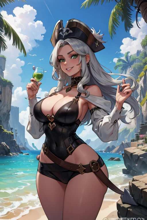 A young silver haired woman with green eyes with an hourglass figure in a pirate outfit is exploring the sea cave with a big smile