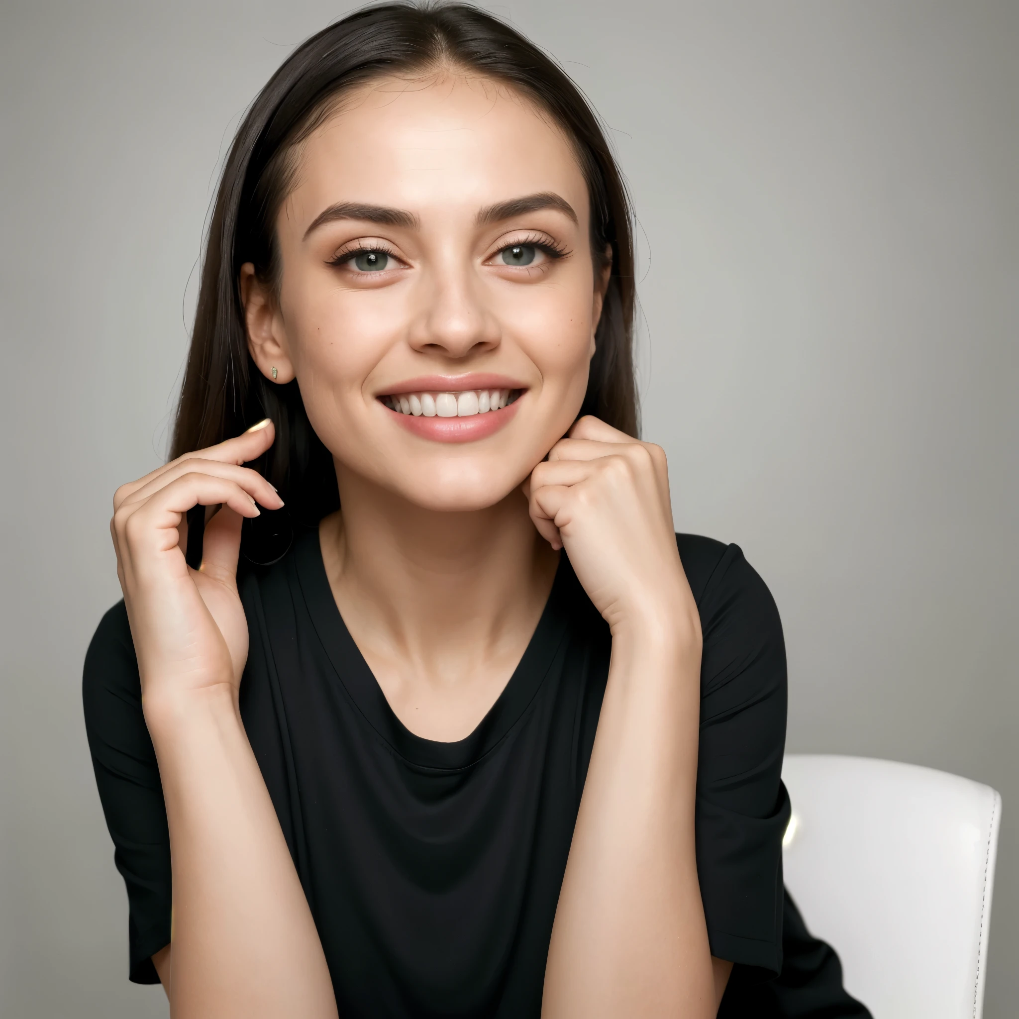 (8k, highest quality, ultra detailed:1.37, mid-range image) 18yo, dentist clinic, setting on the dentist chair, light green eyes, small head, wrinkles, acne,bad skin,small nose, acne skin, real, thick hair, super realistic detailed eyes, a stylish Palestinian women, modest, wearing a long plain black t-shirt, attractive smile, white teeth, showcases her unique fashion sense in a trendy setting. The high-resolution image captures ultra-detailed realism, highlighting confident pose, captivating eyes, big eyes, and flawless complexion.