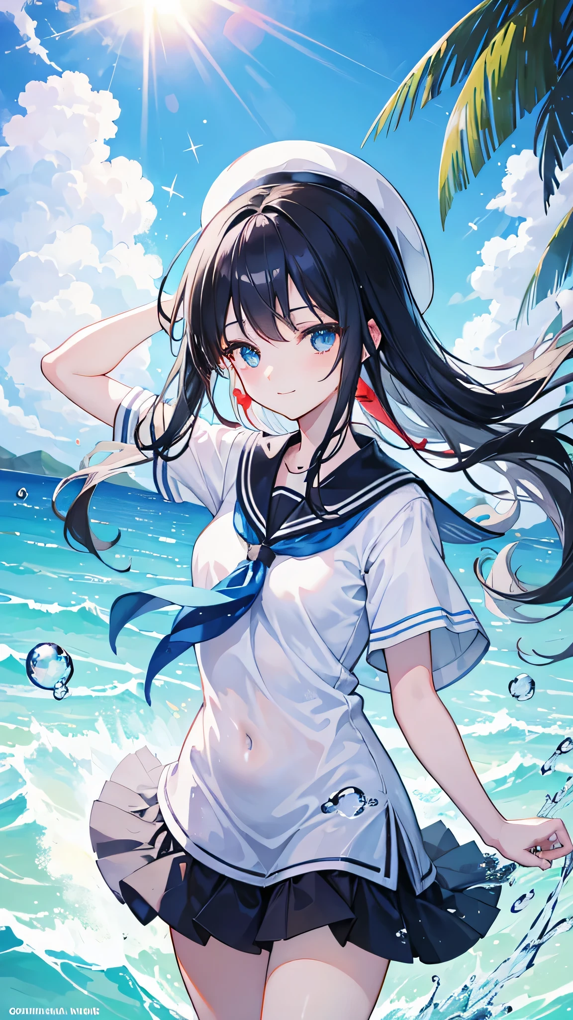 An anime-style high school girl with long black hair wearing a sailor uniform, standing on the sea under a bright blue sky with a radiant full smile. The scene captures the essence of summer youth with a vibrant and shining atmosphere. Water splashes up around her, and the light reflects off the droplets, creating a fantastical and magical ambiance. The image is high-resolution and highly detailed.