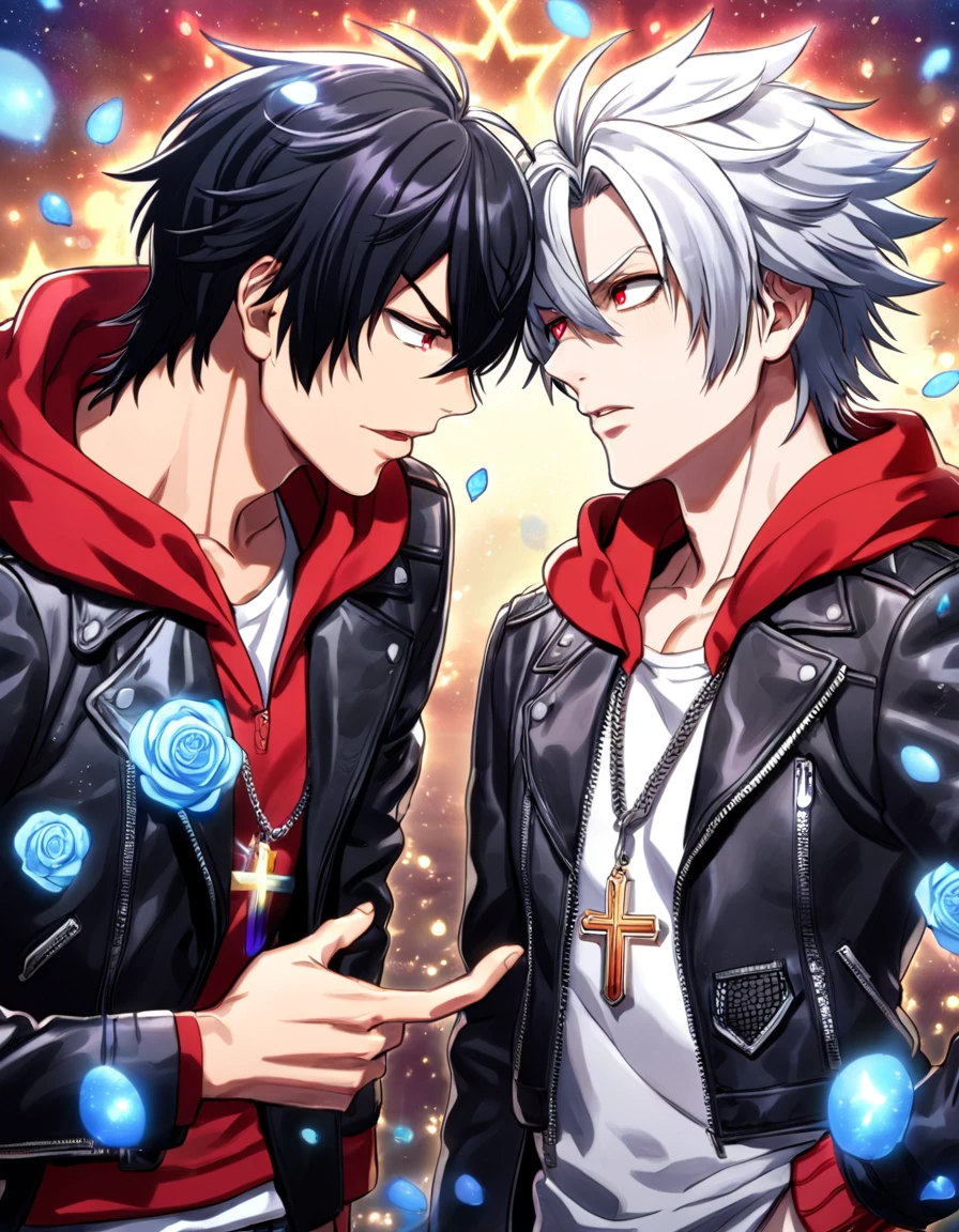 absurdres, highres, ultra detailed, HDR, master piece, best quality, Aohitsugi Samatoki, medium-length white hair, expressive red eyes, hypnosis mic, Yamada Ichiro, medium-length black hair, expressive red eyes, two sexy men together, gay couple, yaoi, handsome, toned chest, black leather jacket, white shirt, red hoodie, magical, fantasy, shining, water, pink flowers, pink blossoms, pink butterflies, pink petals