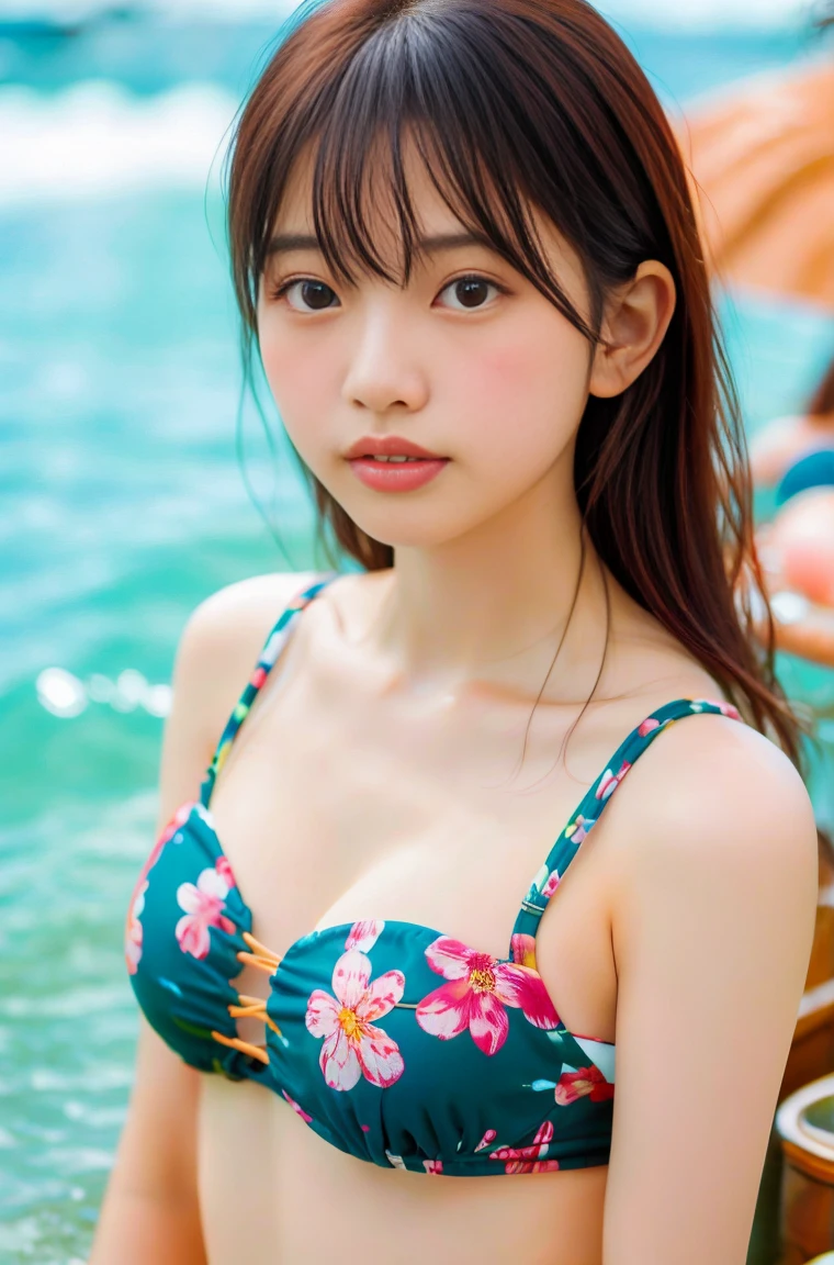 8k、RAW Photos、highest quality、Japanese Model、Floral Bikini、micro bikini,26 years old、Young Sensual Gravure Idol、A young and cute gravure idol、リアルなYoung Gravure Idol、Real fleshy gravure idol、Young Gravure Idol、A sophisticated gravure idol、Young and thin gravure idol、Beach、Blur the background