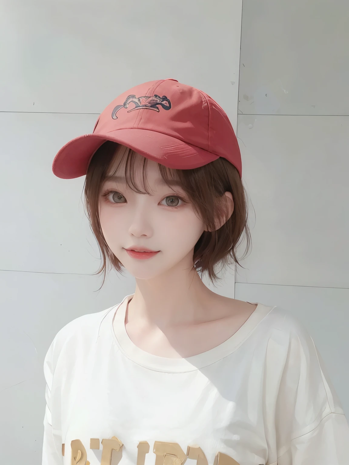 Best image quality、original photo、ultra high resolution、21 years old Korean、small breasts、dynamic angle、Cowboy shooting、The most beautiful form of chaos、elegant、Innovative design、bright colors、,light brown short hair、disheveled hair、light brown eyes 、black baseball cap(Facial expressionSmile)、short bob、Smile、Fair and shiny skin、beautiful eyes,random colors、The details are very beautiful、thin lips、Delicate and beautiful eyes、elongated eyes、Pale pink cheeks、long eyelashes、beautiful double eyelids、eye shadow、he、White Large T-shirt Sweatshirt、baggy pants、Shot from the side、sexy pose、enlarge