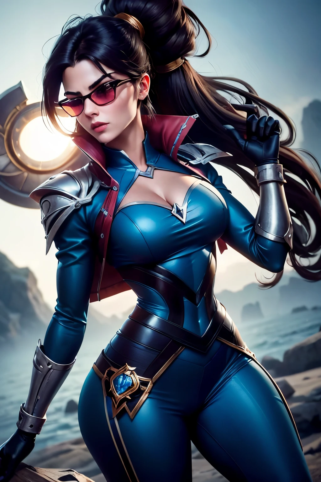 Vayne, (Obra maestra:1.2), (La mejor calidad), (Ultra detallado), (8k,4k),(medio cuerpo:1.2),(vaquero:1.2),(Altamente detallado:1.2),(Cara detallada:1.2), (Antecedentes detallados),(retrato),Paisaje detallado,(dynamic pose:1.2),(Perfect LightingBetter Quality),Vayne 1Girl, solamente, Cabello largo, Mirando al espectador, cabello negro, Guantes, Parte superior del cuerpo, Cola de caballo, cabo, Gafas de sol, Ajuste de las gafas, Mirando por encima de las gafas