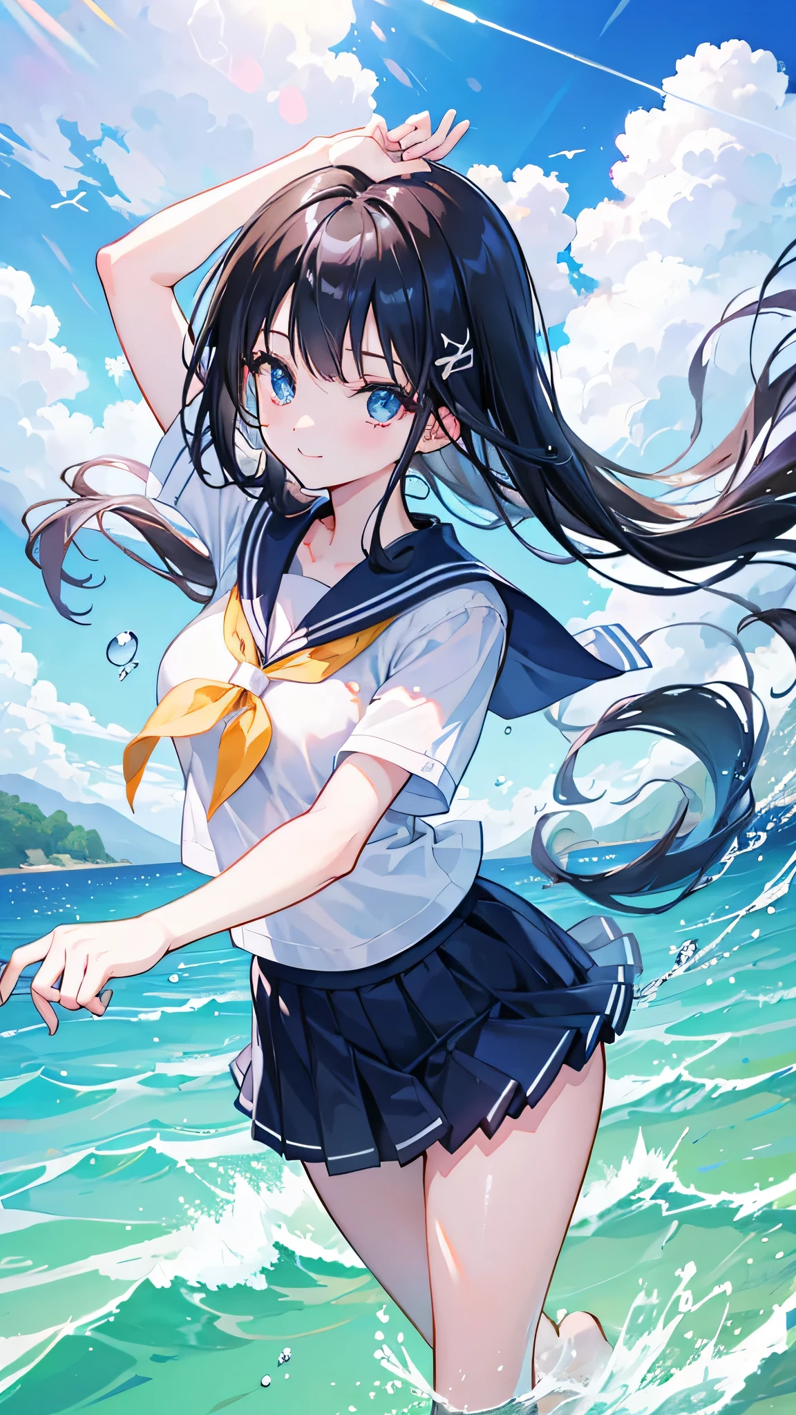An anime-style high school girl with long black hair wearing a sailor uniform, standing on the sea under a bright blue sky with a radiant full smile. The scene captures the essence of summer youth with a vibrant and shining atmosphere. Water splashes up around her, and the light reflects off the droplets, creating a fantastical and magical ambiance. The image is high-resolution and highly detailed.