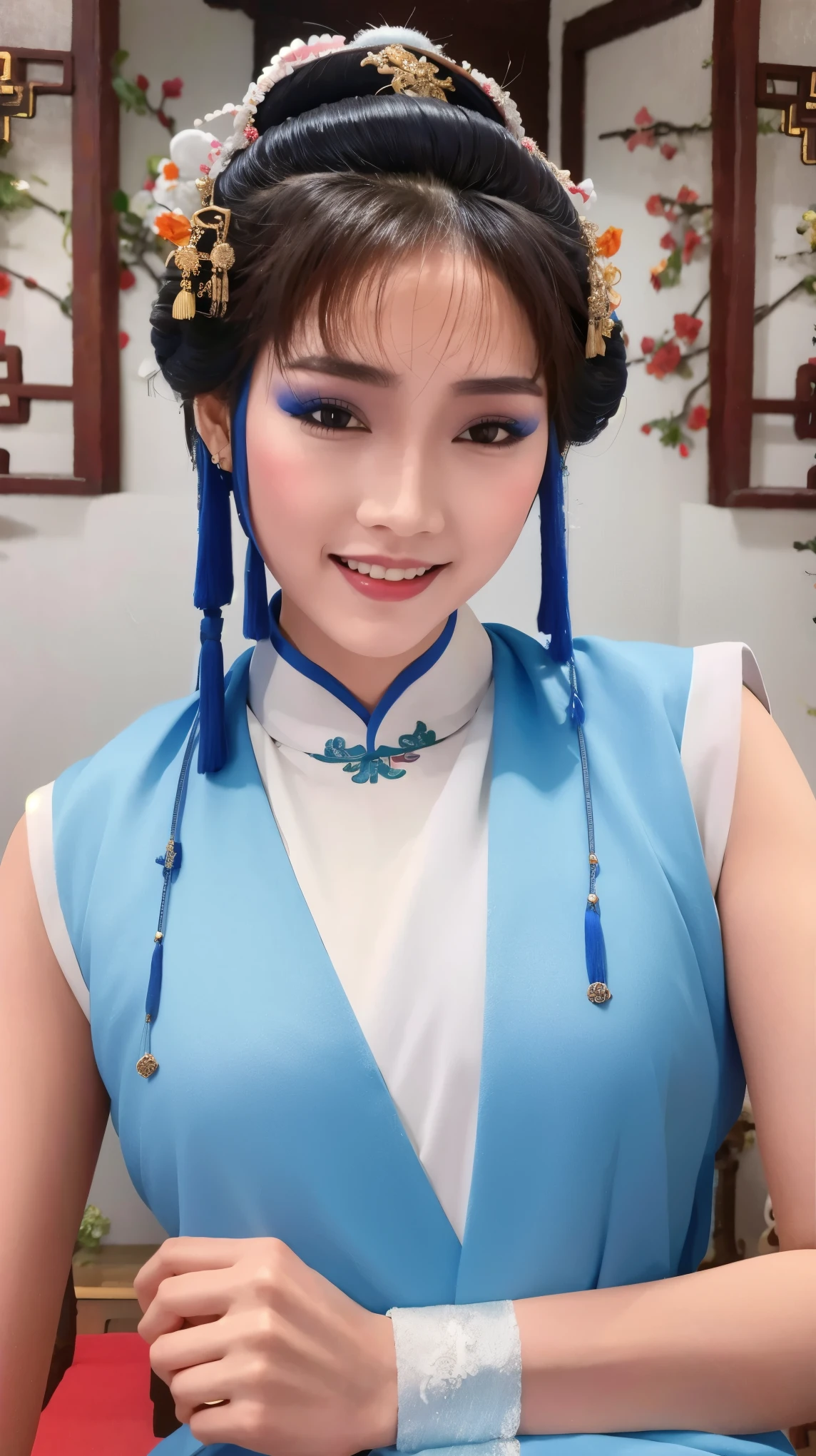 Fashion model 20 years old [[[[close up]]]], [[[[neck]]]], [[[[Shoulder]]]], Perfect eyes, Perfect iris，Perfect lips，Perfect Teeth，Perfect skin，White skin，Soft headlight，High-density imaging review，（Face is clear and delicate），((Chinese ancient costume))，((Smile))，((Background is Chinese interior))，best quality，masterpiece，（Soft colors：1.2）