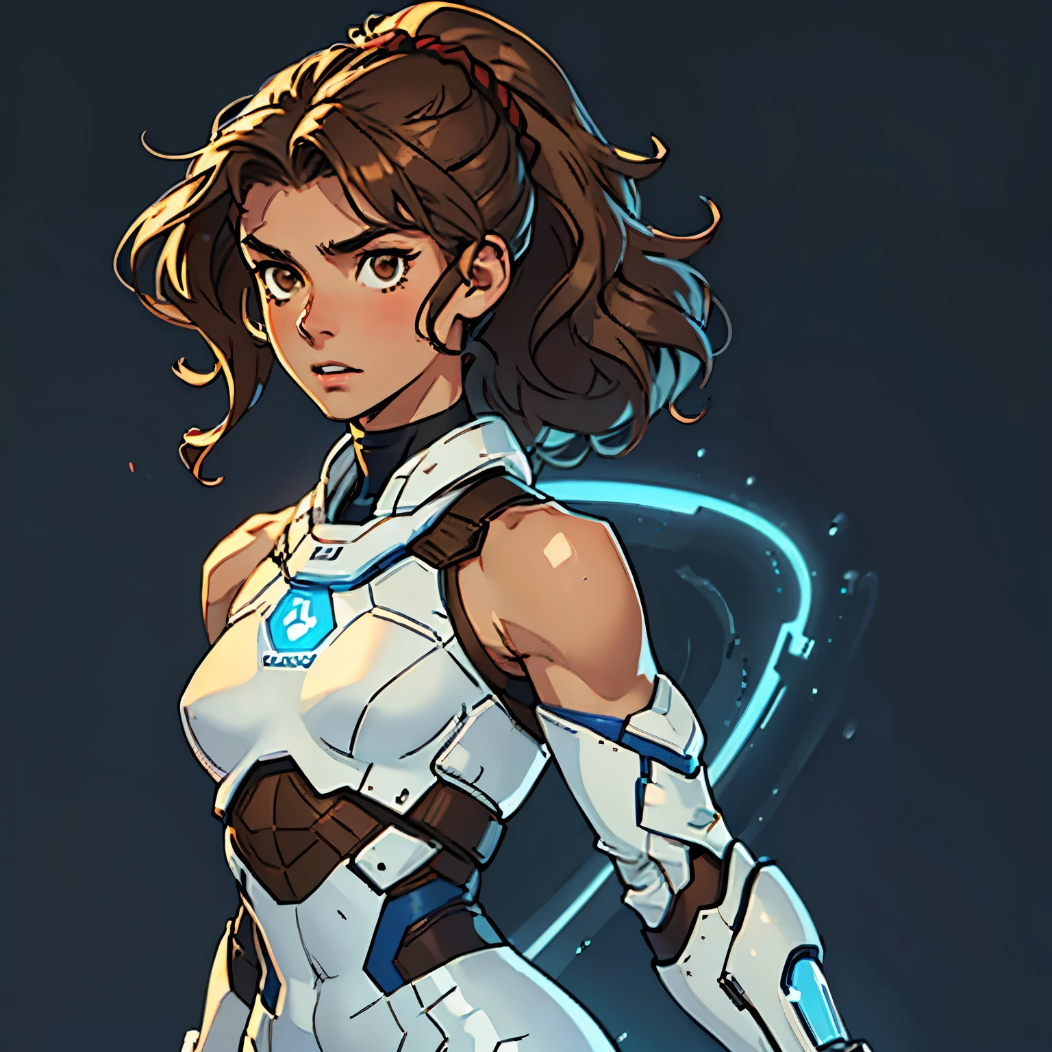 (Caucasian teenager), 18 years old, brown eyes, (wavy brown hair), (hair tied back), medium hair, small breasts. She wears a white sci-fi suit, bare shoulders, solo, her body glows with an intense blue light, simple background