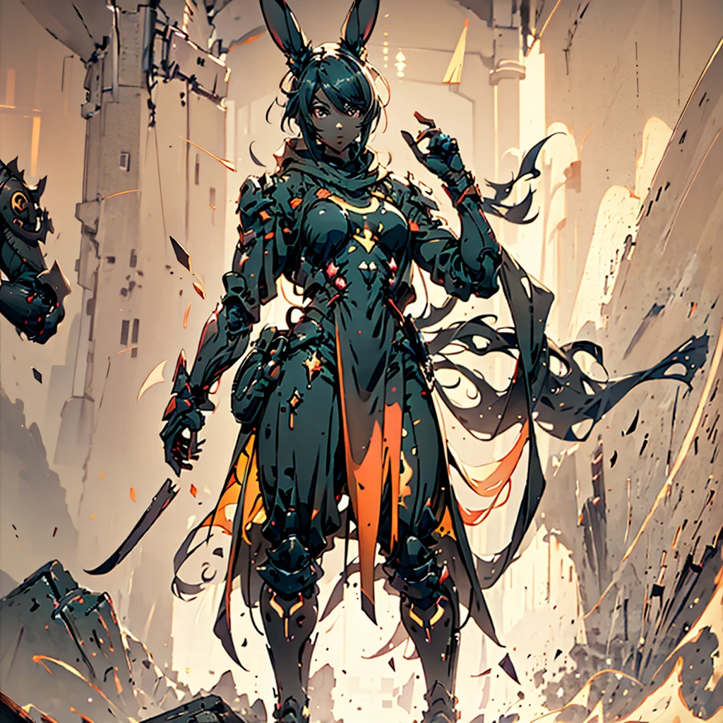 Mago artificer, long sword detailed, Rabbit Ears, RPG fantasy game, male, dark skin, neon punk, art-book, Studio ghibli, post apocalyptic scenario, 