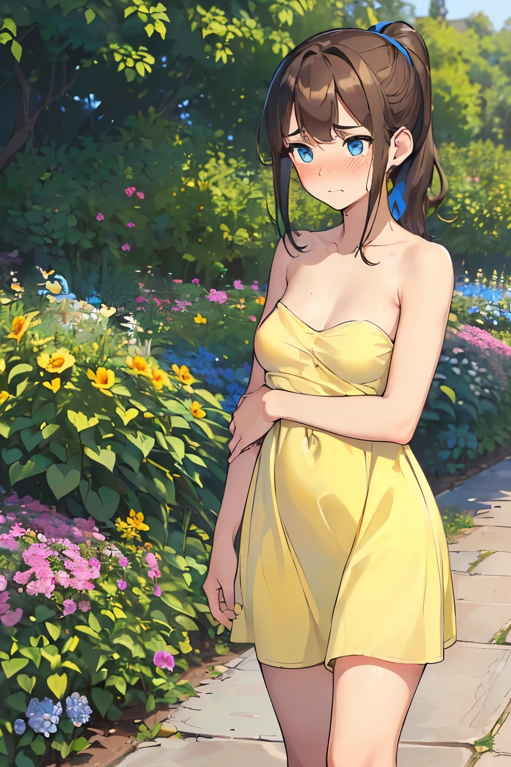 ((best quality)), ((masterpiece)), ((detailed)), (((perfect face))), (((18yo age girl))), ((((topless)))), (((medium breasts))), (((yellow sundress))), ((dark brown hair)), ((short ponytail)), (((((blue eyes))))), ((shy:1.3)), ((blushing:1.5)), (((bare arms))), (((garden)))), (((walking)))