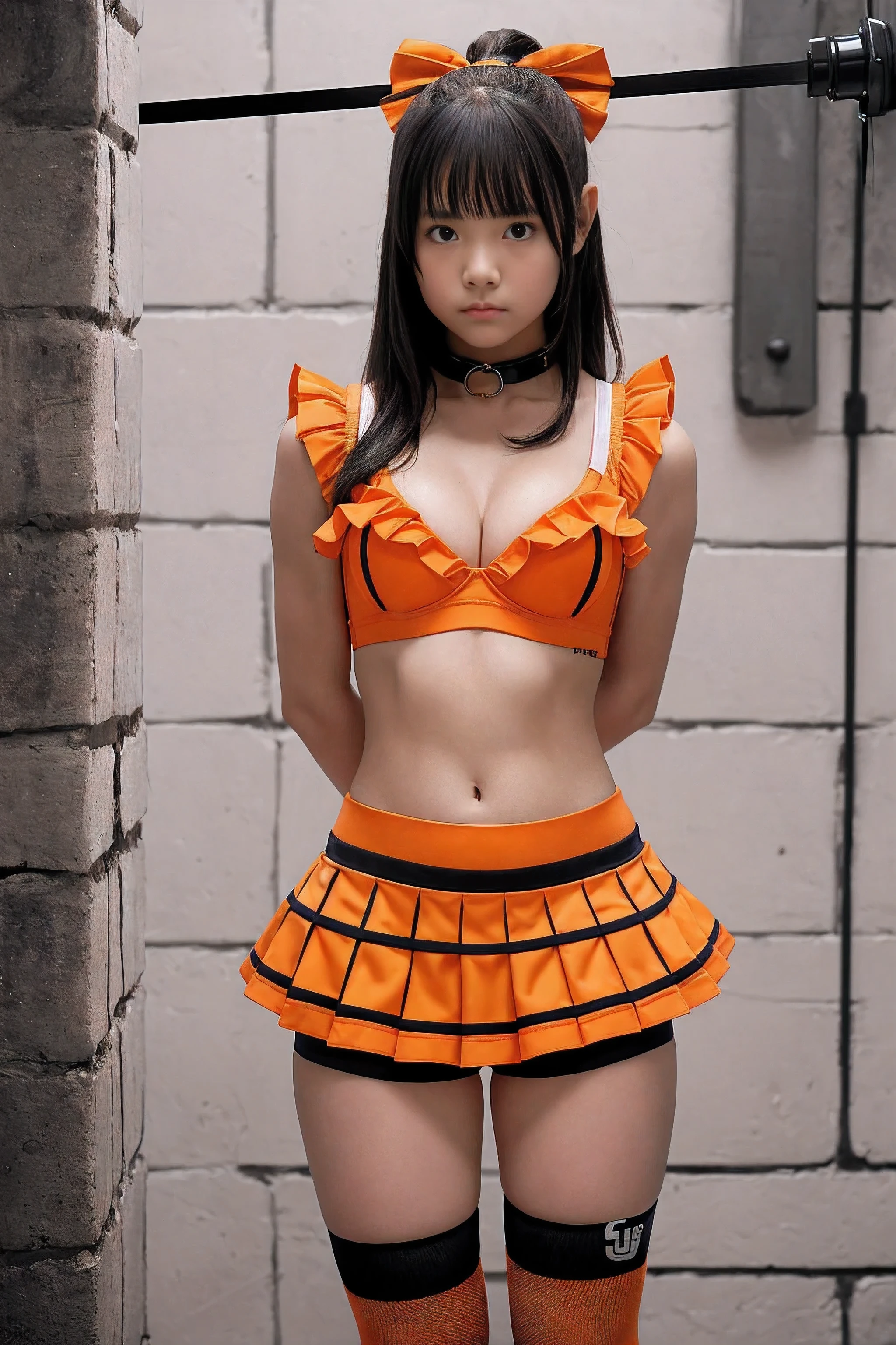 ((draw symmetrically)),((breast focus)), Prison in the basement of the castle, captive cheerleader, (((arms behind back))), , 1 girl, ((sad expression)), ((black laser collar around neck)), ((orange cheerleading costumes, sports bra, navel view, frilled panties, long socks)), ((Insert the word "GIANTS" on the bra))