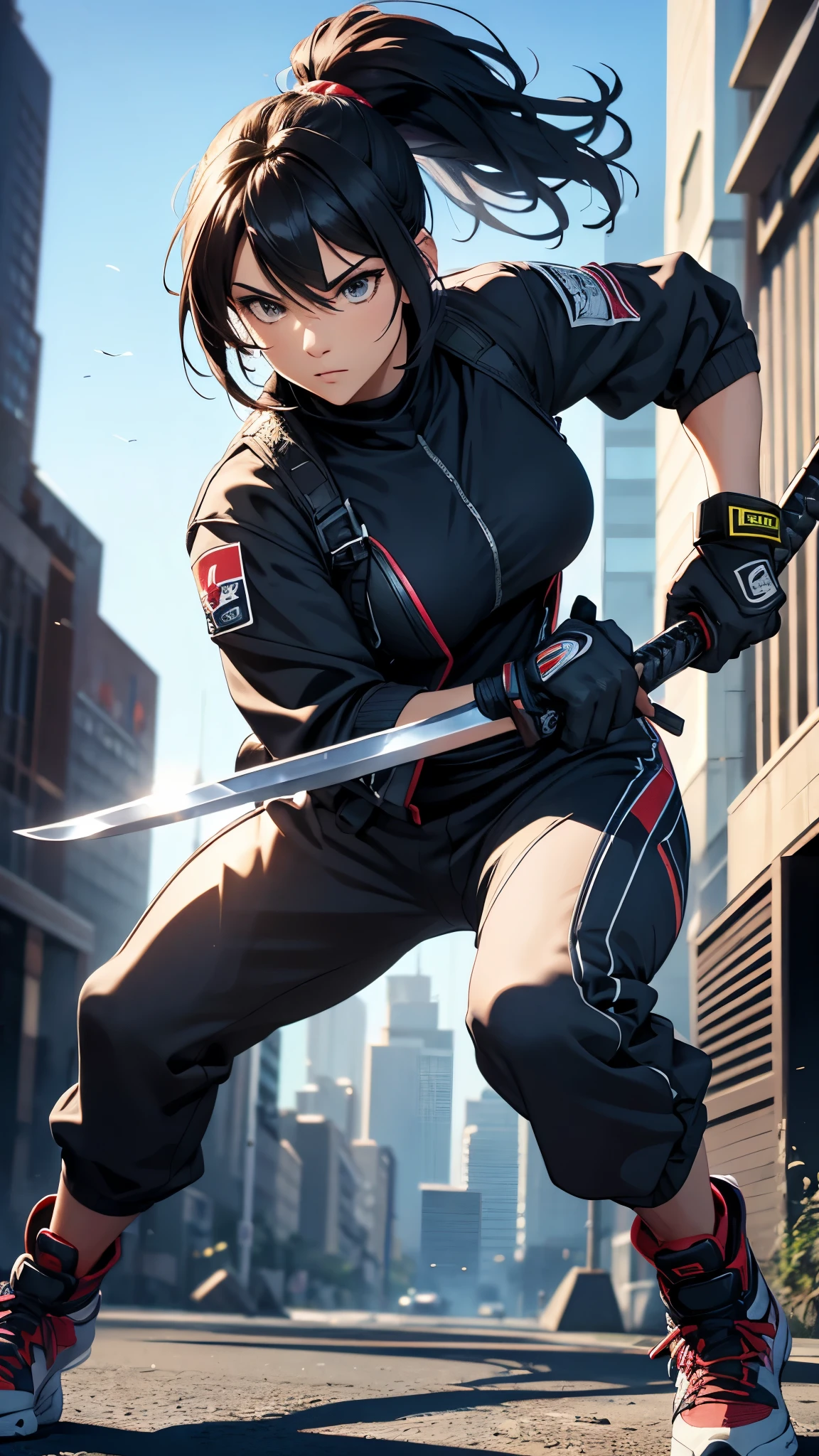 a woman with a brown ponytail hair,ninja,wearing a maxi length jersey jacket and jersey pants,sneaker,holding a katana and a long sword, running outside the buildings, (best quality,4k,8k,highres,masterpiece:1.2),ultra-detailed,(realistic,photorealistic,photo-realistic:1.37),cinematic lighting,dramatic composition,highly detailed facial features,cinematic pose,dynamic action scene,vibrant colors,intricate details