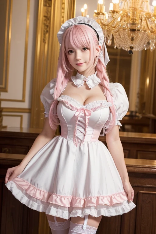 ((nsfw)), sexy stylish Swedish model, only 1 female, ((doll-like appearance)), long neon pink stylish hair, very detailed Victorian-Style boots, (big smile), ultra detailed eyes, vivid eye makeup, lipgloss, long lashes, defined eyebrows, (medium naked breasts), ((sexy Paradise Kiss cosplay)), (naked aroused open pussy), bell-shaped skirt, petticoats, high neckline, puffed sleeves, (( ultra detailed lace)), ((ultra detailed embroidery)), intricate details, Paradise Kiss accessoires and matching headpiece, choker, ((large sparkling Paradise Kiss jewelry)), cinematic light, detailed large park background with trees