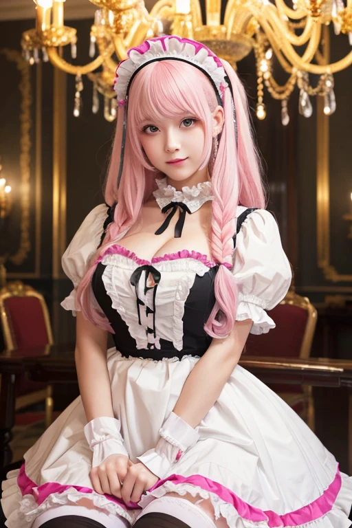 (Masterpiece), (Top Quality), (Super Detailed), (Girl), (Front), (Super Huge Bust: 1.2), (Super Long Hair), (Palace), (Chandelier), (Drill Hair), (Two Tone White and Pink Hair), (Two Tone Hair), (Pink Eyes), (Classical Lolita), (Maid), (Headdress), (Long Maid Outfit), (Frill Apron), (White Knee-High Socks), (Garter Belt), (Garter Ring), (Gentle Eyes), (Gentle Smile), (Fully Clothed)