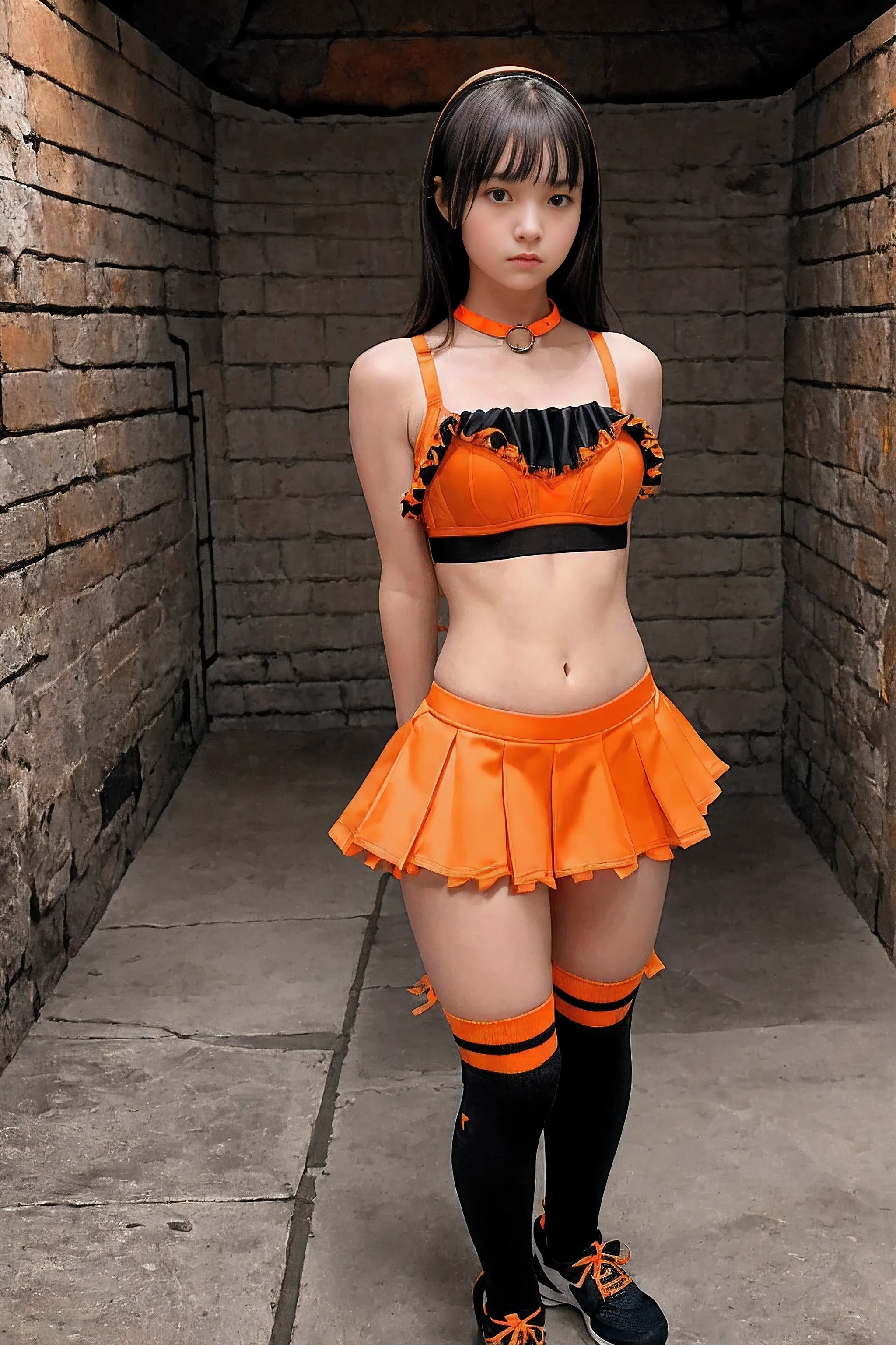 ((draw symmetrically)),((breast focus)), Prison in the basement of the castle, captive cheerleader, (((arms behind back))), , 1 girl, ((sad expression)), ((black laser collar around neck)), ((orange cheerleading costumes, sports bra, navel view, frilled panties, long socks)),　((Insert the word "GIANTS" on the bra))