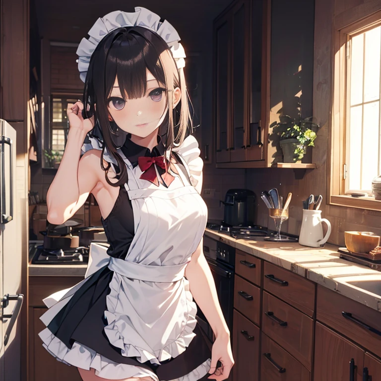 A maids, (in kitchen), various hair styles, night, details face, short skirt, seducing, sleeveless, maid uniform, armpits