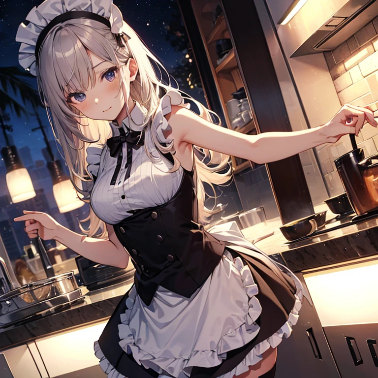 A maids, (in kitchen), various hair styles, night, details face, short skirt, seducing, sleeveless, maid uniform, armpits