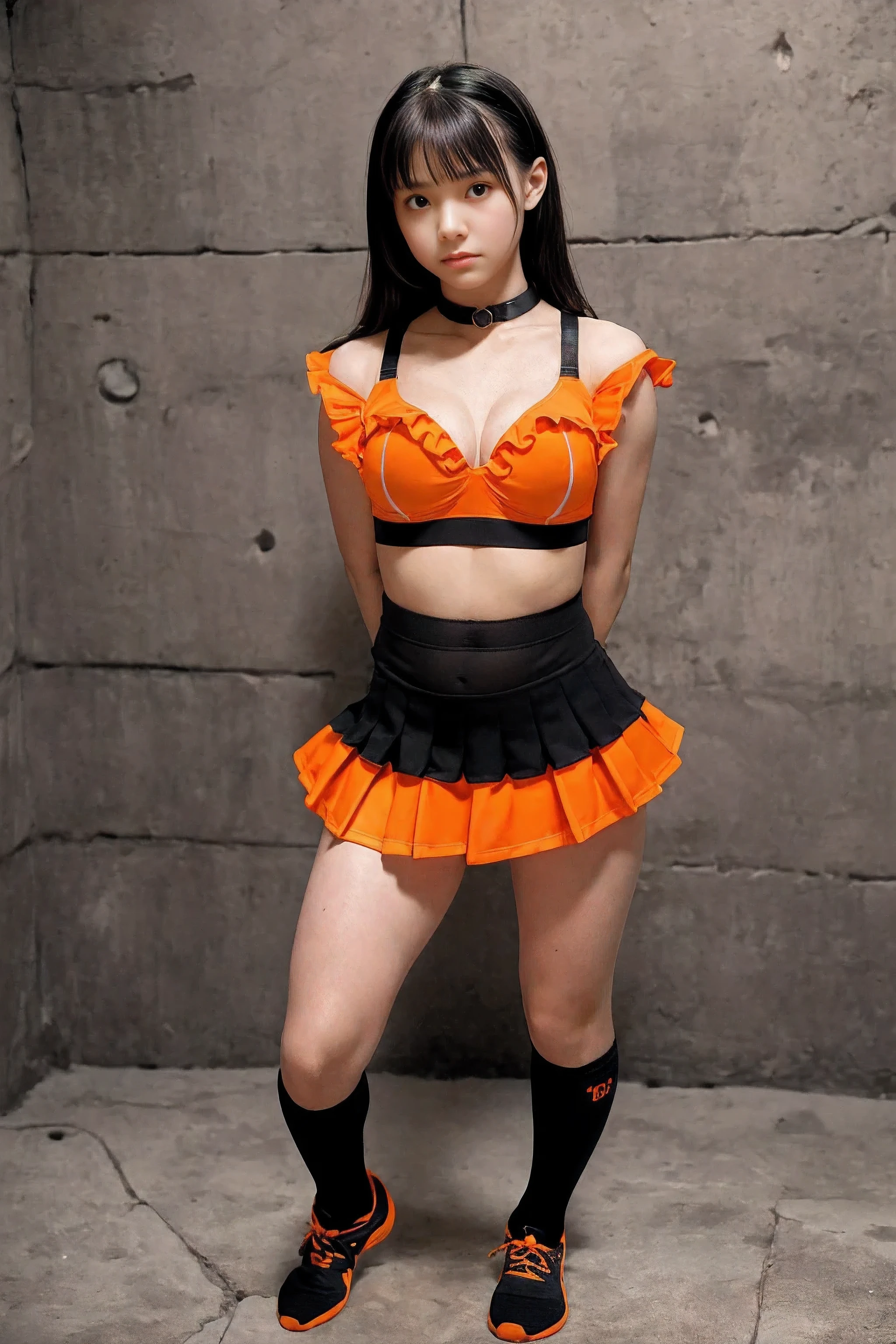 ((draw symmetrically)),((breast focus)), Prison in the basement of the castle, captive cheerleader, (((arms behind back))), , 1 girl, ((sad expression)), ((black laser collar around neck)), ((orange cheerleading costumes, sports bra, navel view, frilled panties, long socks)),　((Insert the word "GIANTS" on the bra))