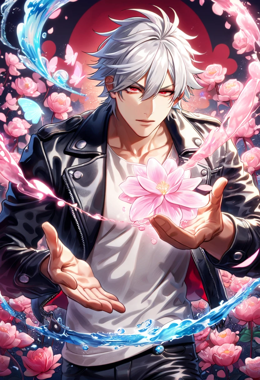 absurdres, highres, ultra detailed, HDR, master piece, best quality, Aohitsugi Samatoki, white hair, expressive red eyes, hypnosis mic, solo, sexy man, handsome, black leather jacket, white shirt, magical, fantasy, shining, water, pink flowers, pink blossoms, pink butterflies, pink petals