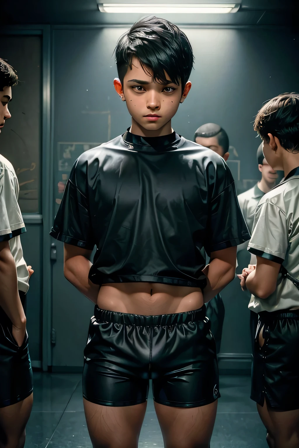 (masterpiece:1.2),Cute prison boys, (spandex shorts:1.2),black short hair, (close haircut:1.2), 5 boys talking, cute boy, standing straight, put his hands behind his back,(shouting something:1.2), 15years old, (sorrowful:1.2), (detailed big hard bulge:1.2), gay, mele only, classroom, school, 11years old
