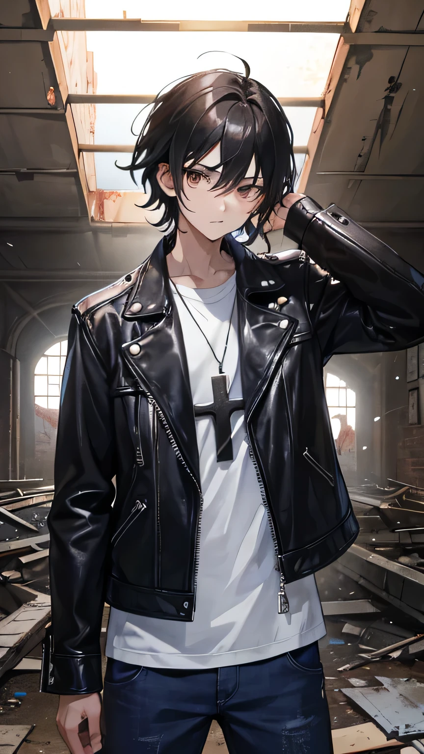 White-colored skin，White-colored skin，whaite hair，Black pupils，Pure black eyes，Cat ear hood，Silver-toned stud earrings，Fork，crosses，bandagens，There are bandages on the hands，short detailed hair，Handsome，Neutral wind，Highest image quality，the night，the night，warn，femele，hooding，cargo pants，Martin boots，Black pick dye，Baseball bat，crosses，crosses，nighttime scene，Black cargo pants，Black pantsuit