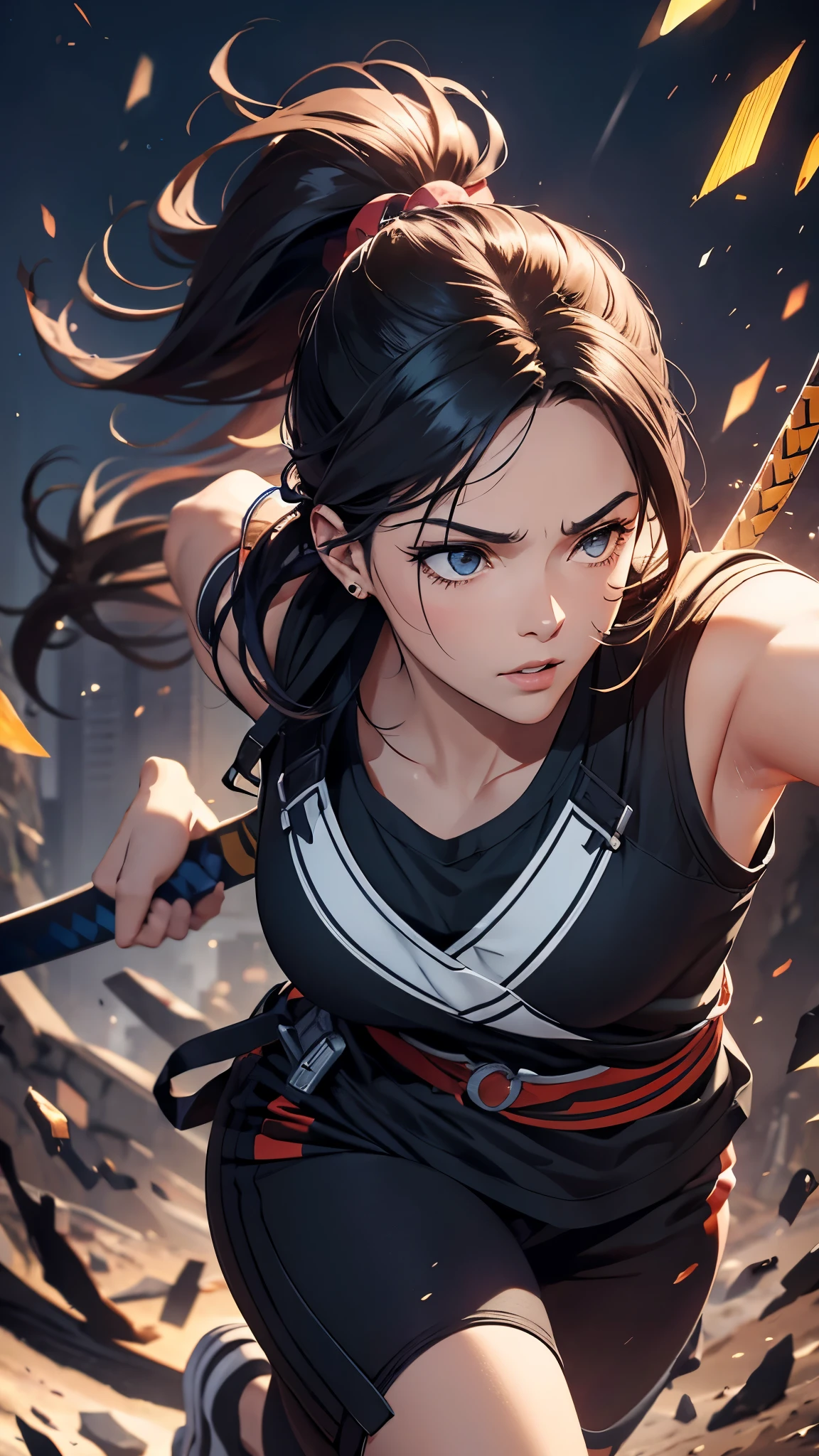 a woman with a brown ponytail hair,ninja,wearing a maxi length jersey jacket and jersey pants,sneaker,holding a katana and a long sword, running outside the buildings, (best quality,4k,8k,highres,masterpiece:1.2),ultra-detailed,(realistic,photorealistic,photo-realistic:1.37),cinematic lighting,dramatic composition,highly detailed facial features,cinematic pose,dynamic action scene,vibrant colors,intricate details