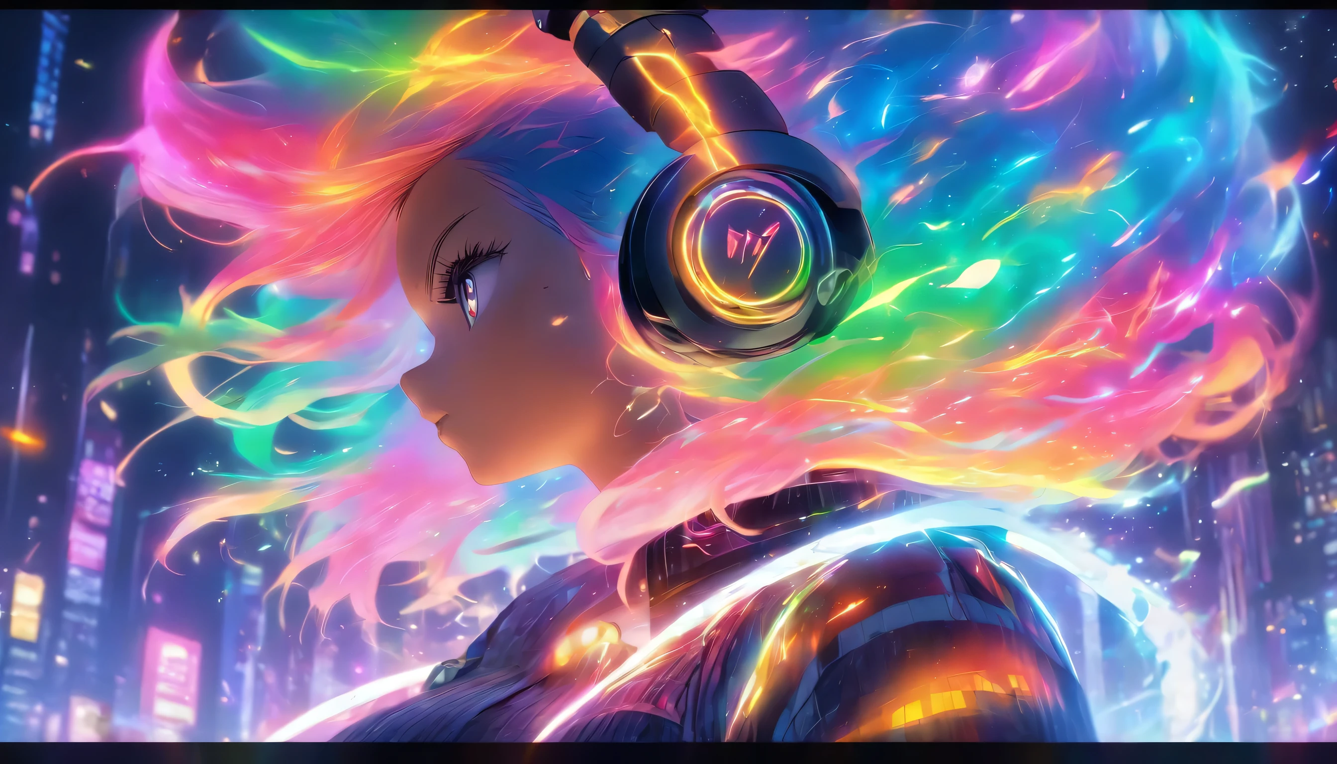 Transparent color PVC clothing, Clear Vinyl Mechanic Hoodie, Prismatic, Holographic, chromatic aberration, Fashion Illustration, masterpiece, DJ,, 8k, Super detailed, Pixiv、(((profile)))、((Colorful Hair))、(((Wearing futuristic headphones)))、、(((Rainbow Hair)))、((Too big boobs))、(((In flames)))、((Colorful eyes))、(((Many glowing sparks))、(((Colorful and mysterious flames)))