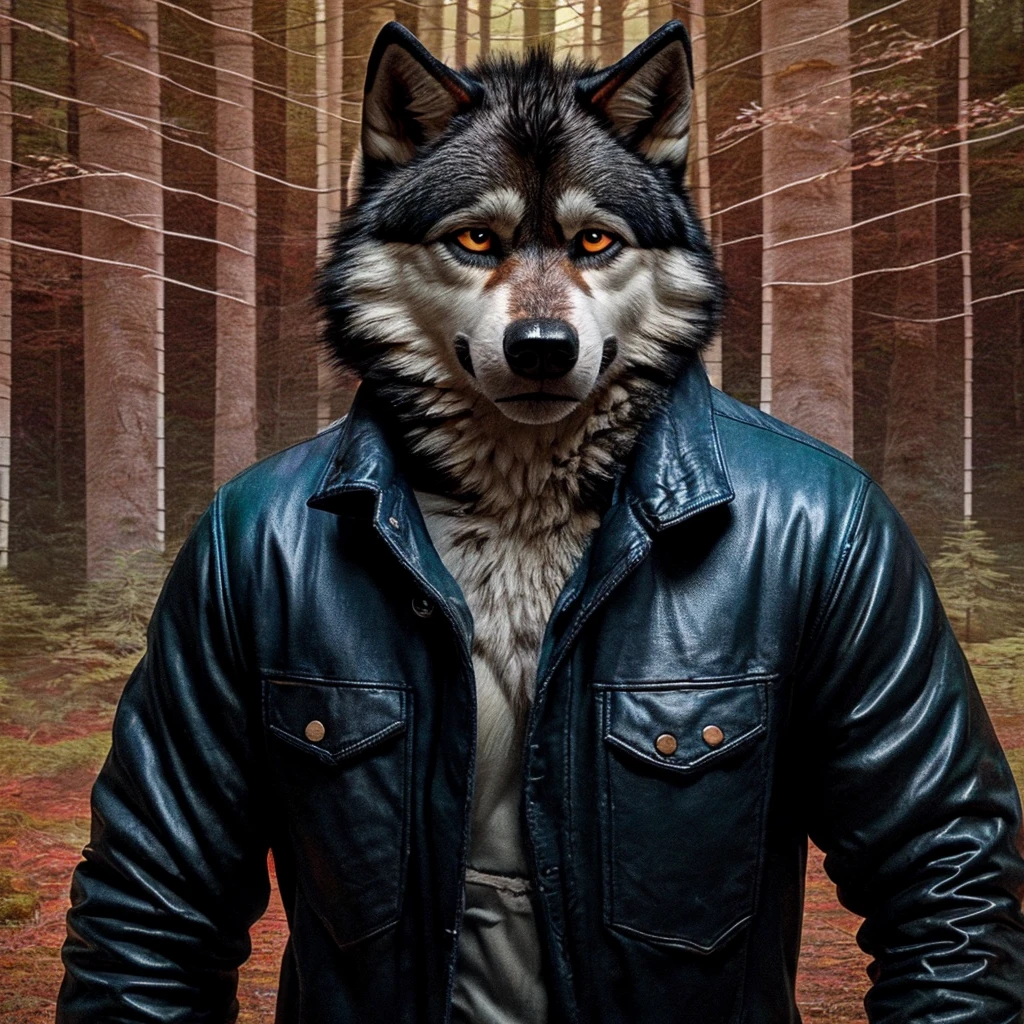 Anthro, male wolf, Black fur, wolf tail, black leather jacket, blue jeans, sad face, (forest background:2), ears fallened against head, solo