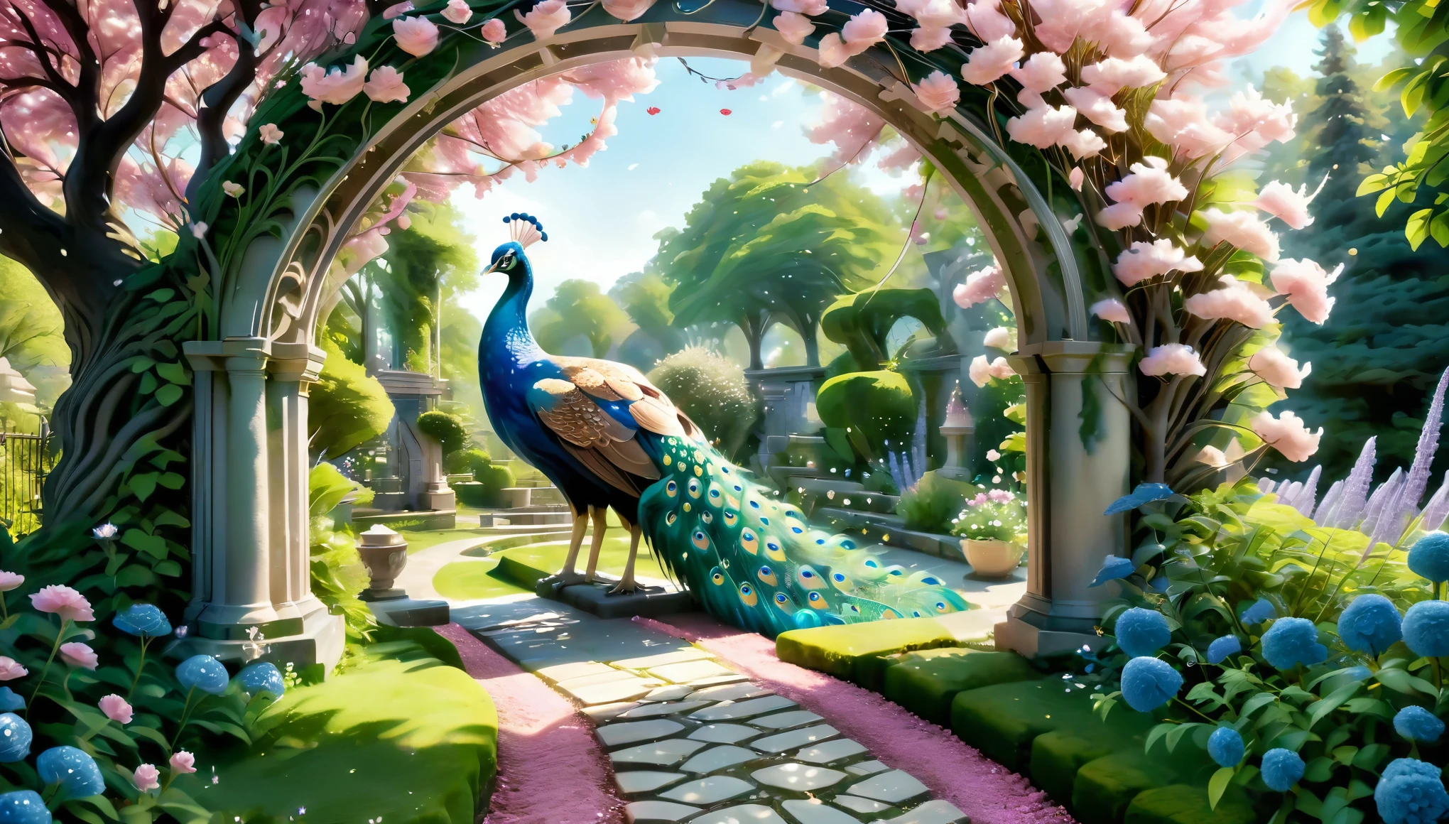 A vibrant and detailed depiction of a peacock with its (feathers fully fanned out:1.6) in an enchanted garden. The peacock's feathers showcase brilliant shades of blue and green with eye-catching patterns. The garden is lush with an array of colorful flowers, including pink, purple, and blue blooms, and well-manicured bushes. Towering, blossoming cherry trees with pink flowers arch over the scene, and the sunlight filters through the foliage, creating a magical, glowing ambiance. In the background, there are intricately designed stone pathways and ancient stone urns, adding a touch of historical elegance. The atmosphere is dreamy and serene, capturing the beauty of nature in full bloom.