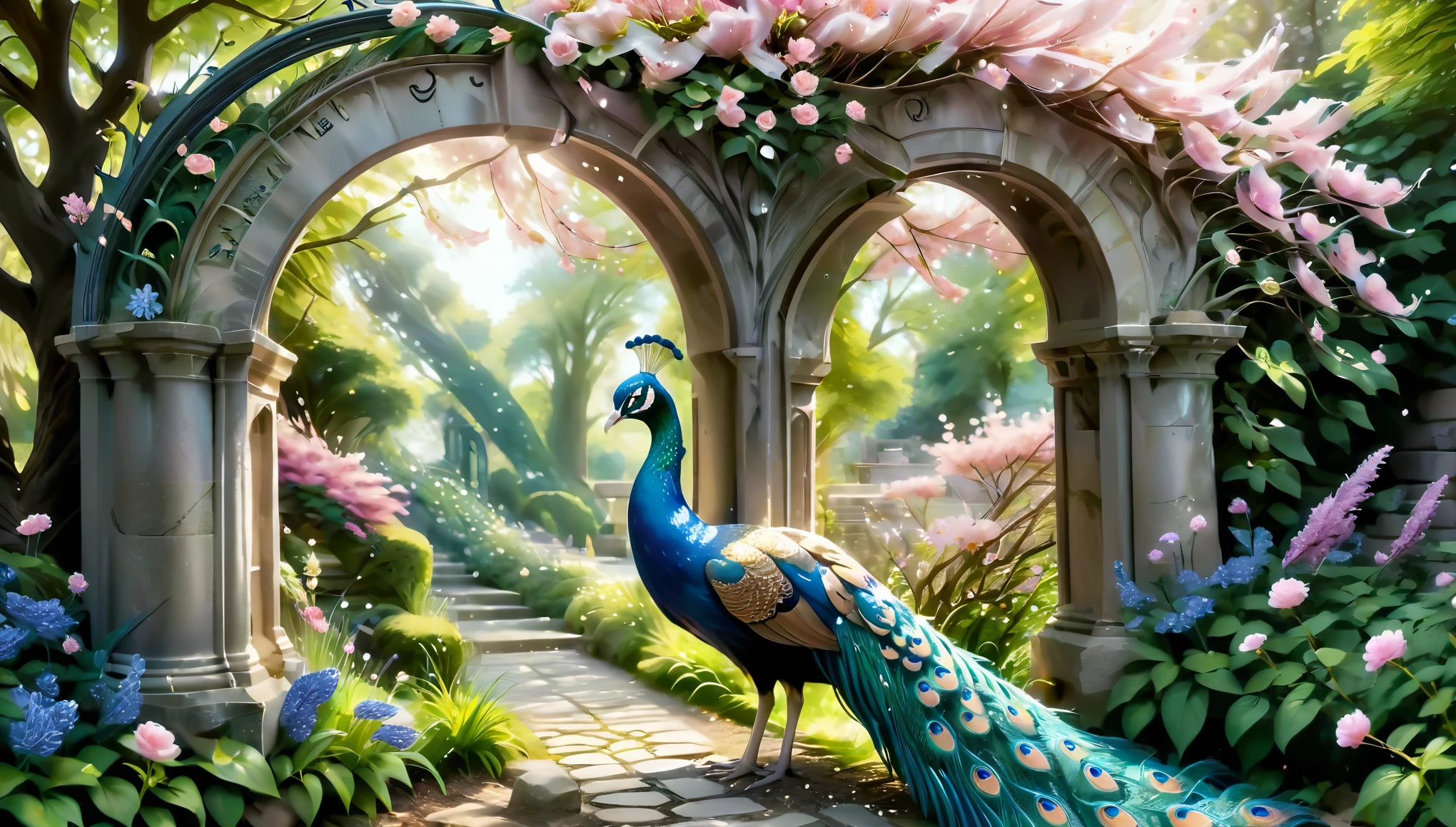 A vibrant and detailed depiction of a peacock with its (feathers fully fanned out:1.6) in an enchanted garden. The peacock's feathers showcase brilliant shades of blue and green with eye-catching patterns. The garden is lush with an array of colorful flowers, including pink, purple, and blue blooms, and well-manicured bushes. Towering, blossoming cherry trees with pink flowers arch over the scene, and the sunlight filters through the foliage, creating a magical, glowing ambiance. In the background, there are intricately designed stone pathways and ancient stone urns, adding a touch of historical elegance. The atmosphere is dreamy and serene, capturing the beauty of nature in full bloom.