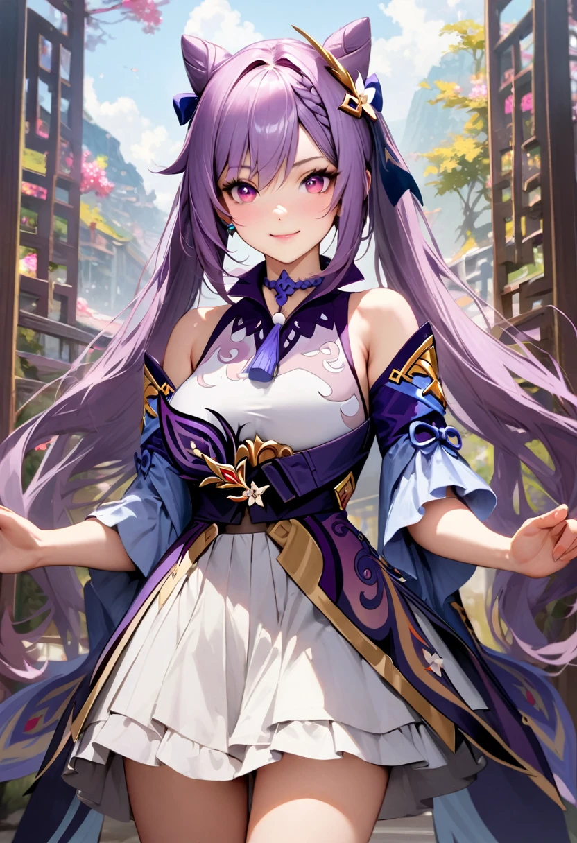 (Realistic style:0.9), masterpiece, best quality, absurd, looking at the audience, Solitary, keqing \(genshin impact\), Hair Bun, skirt, scarf, purple sweater, white skirt, Purple Hair, sweater, Double tail, Purple Eyes, Diamond-shaped pupil, Hair accessories, Bare shoulders, Smile, breast, cone Hair Bun, long hair, belt, twice as good, Long sleeve, Bangs, bow, Flowering, hair bow,Ribbon, hair Ribbon, Weaving, lattice scarf, lattice, Off-shoulder