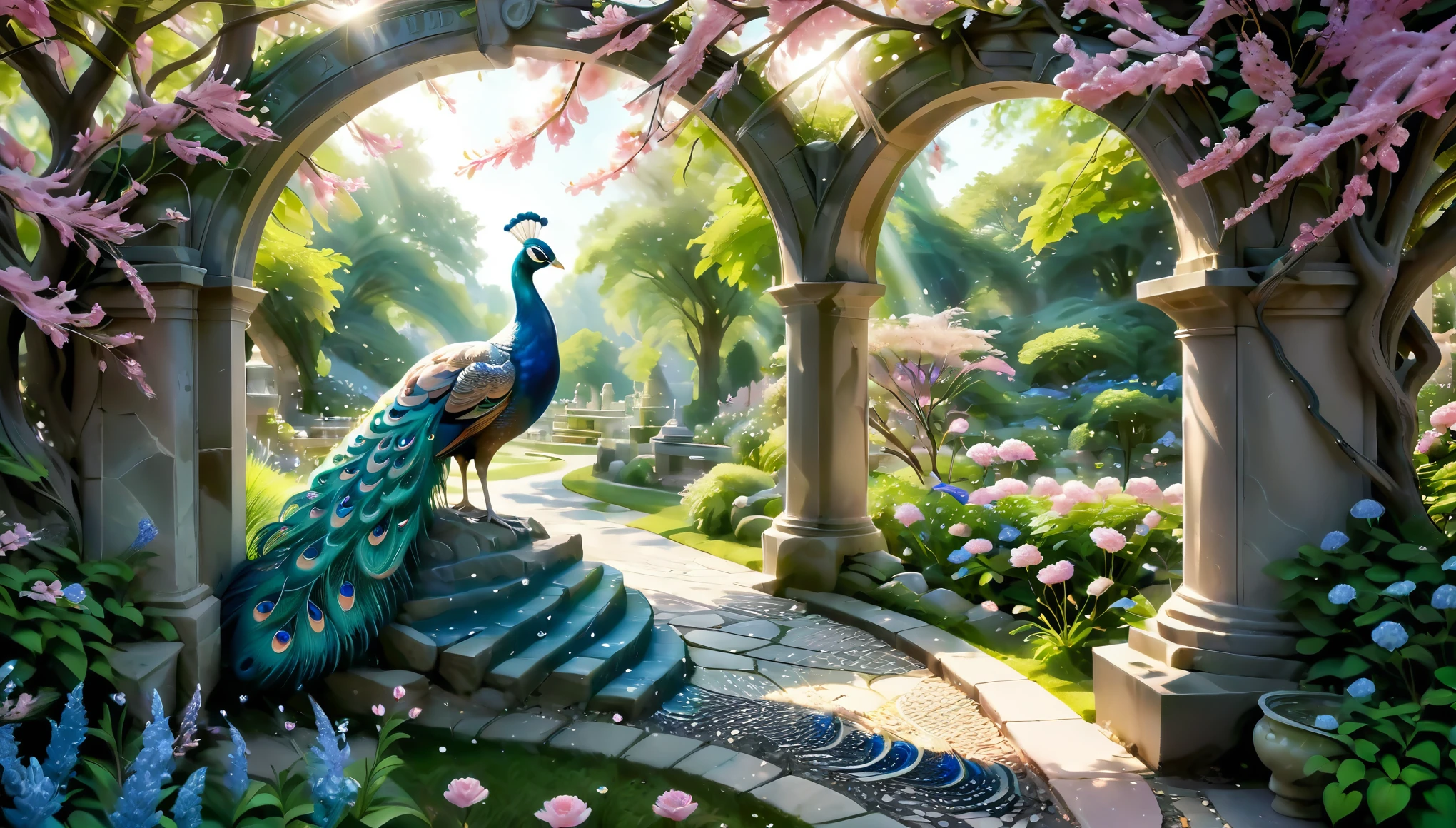 A vibrant and detailed depiction of a peacock with its (feathers fully fanned out:1.6) in an enchanted garden. The peacock's feathers showcase brilliant shades of blue and green with eye-catching patterns. The garden is lush with an array of colorful flowers, including pink, purple, and blue blooms, and well-manicured bushes. Towering, blossoming cherry trees with pink flowers arch over the scene, and the sunlight filters through the foliage, creating a magical, glowing ambiance. In the background, there are intricately designed stone pathways and ancient stone urns, adding a touch of historical elegance. The atmosphere is dreamy and serene, capturing the beauty of nature in full bloom.