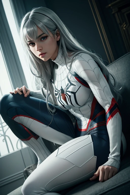 (Extreme Detail CG Unity 8K wallpaper, masterpiece, highest quality), (exquisite lighting and shadow, highly dramatic picture, cinematic lens effect), a girl in a white Spider-Man costume, silver-gray hair color, from the Spider-Man parallel universe, Wenger, Marvel, Spider-Man, sitting on the couch, dynamic pose), (excellent detail, outstanding lighting, wide angle), (excellent rendering, enough to stand out in its class), focus on white Spider-Man costumes, complex spider textures, Perfect composition